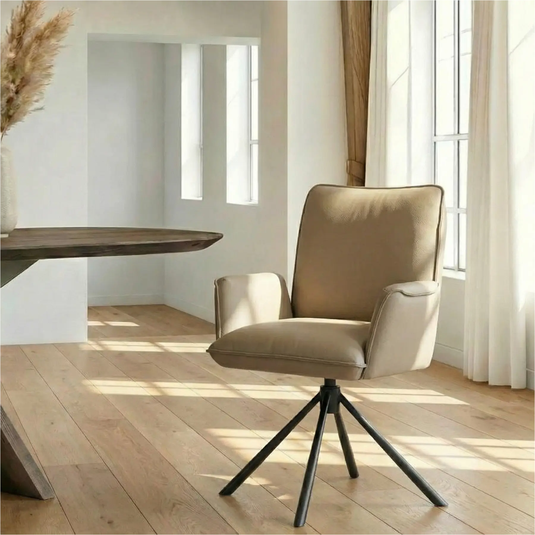 afbeelding van Leren draaibare eetkamerstoel Elite - Toledo Mocca (taupe/bruin) - Spinpoot staal rond zwart