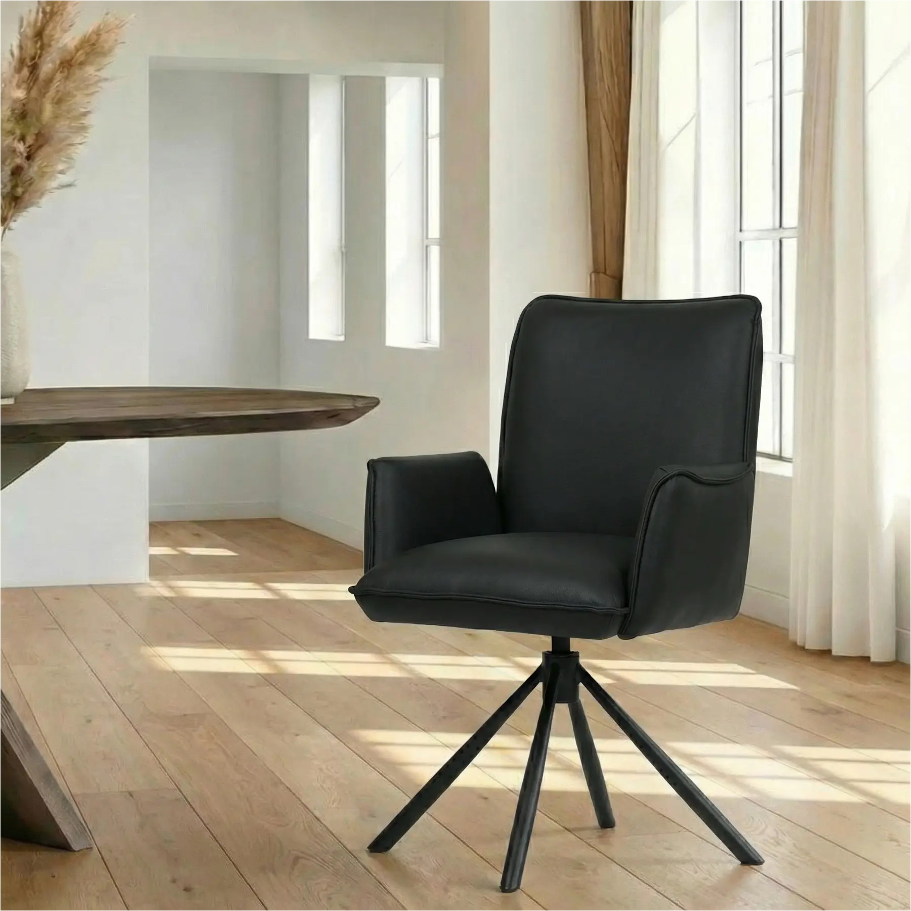 afbeelding van Leren draaibare eetkamerstoel Elite - Toledo Nero (zwart) - Spinpoot staal rond zwart