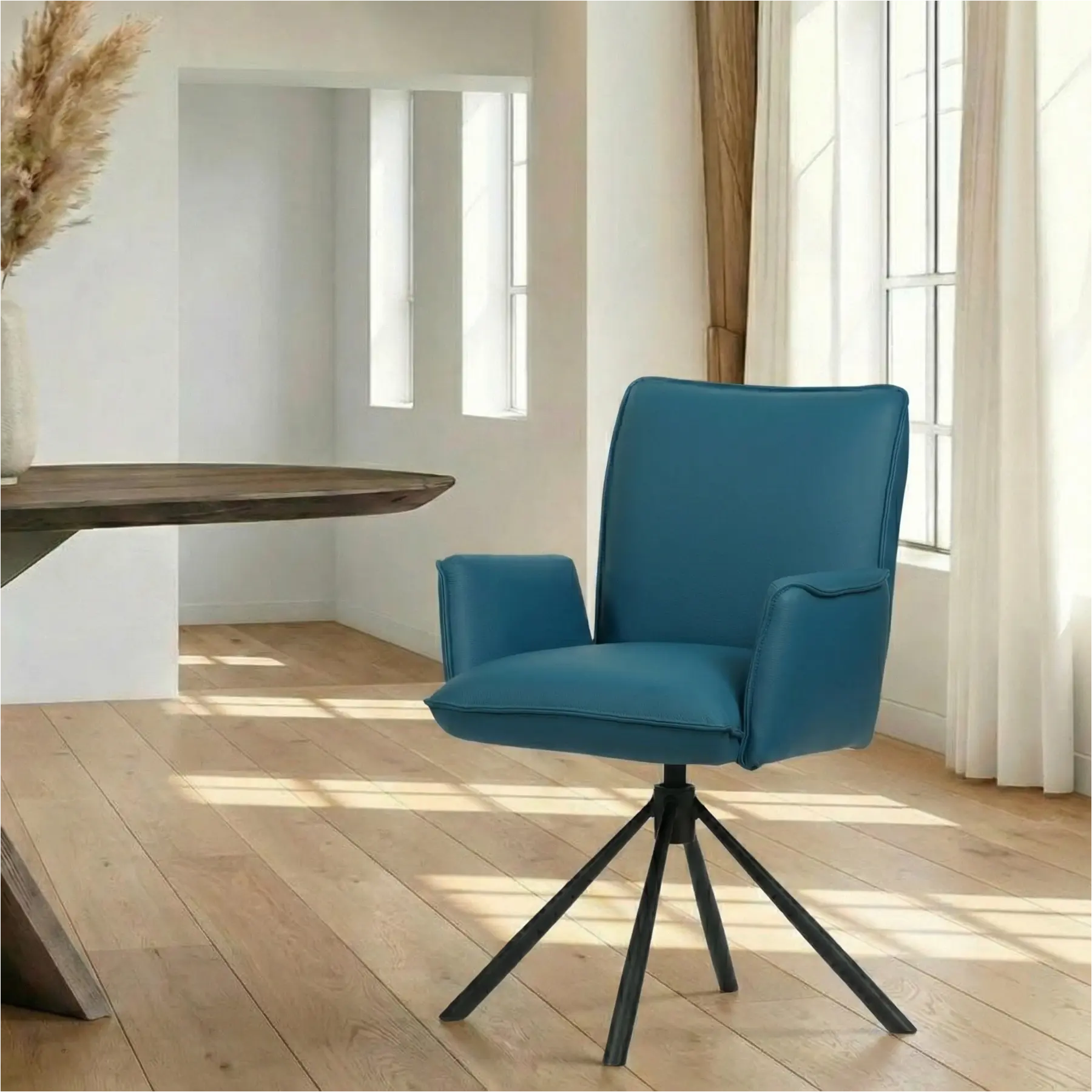 afbeelding van Leren draaibare eetkamerstoel Elite - Toledo Turquoise (blauw) - Spinpoot staal rond zwart