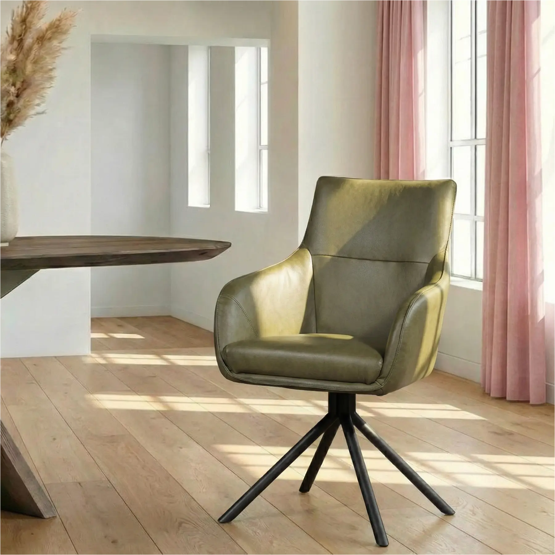 afbeelding van Leren draaibare eetkamerstoel Fancy - Granada Moss (olijf/groen) - Spinpoot staal rond zwart