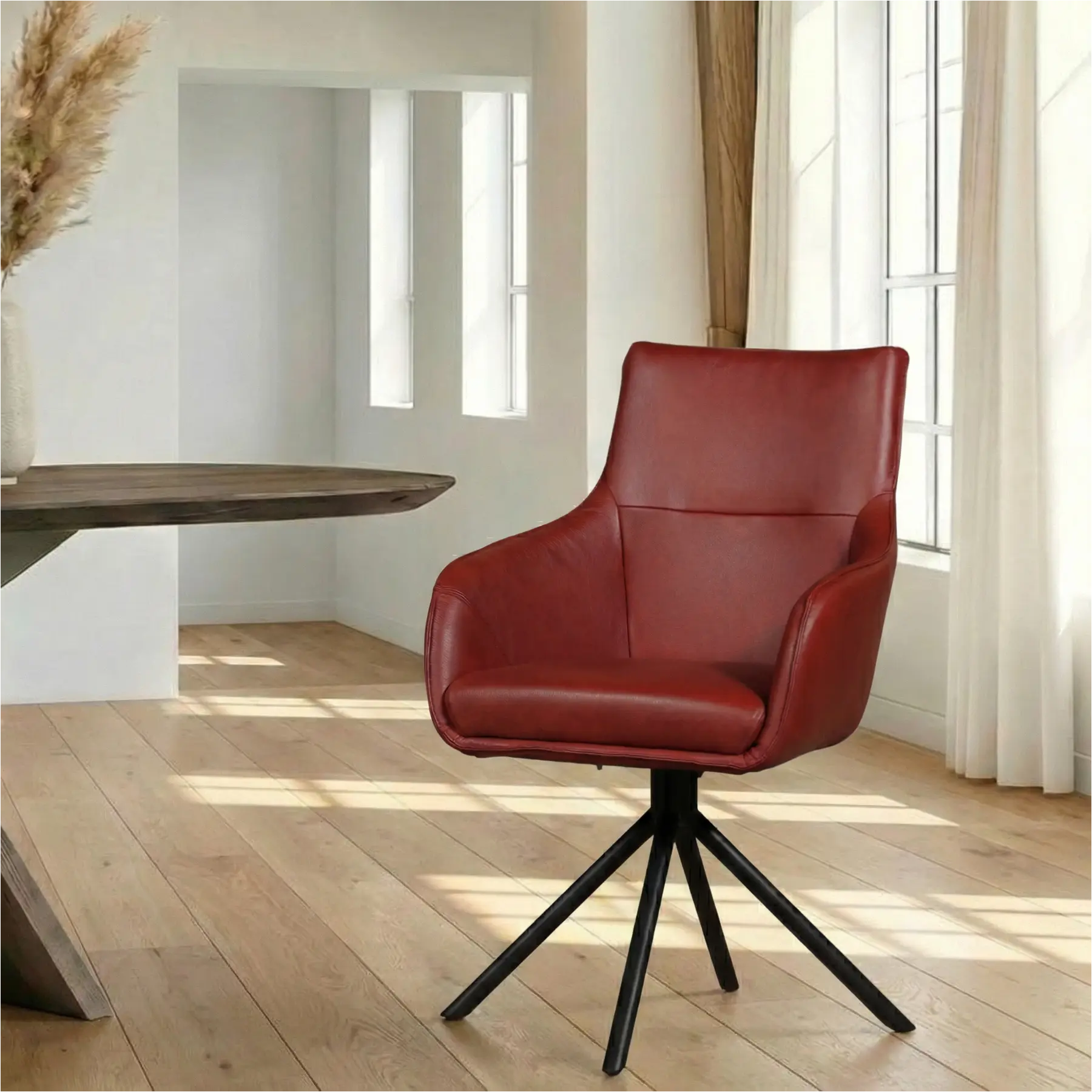 afbeelding van Leren draaibare eetkamerstoel Fancy - Granada Rouge (rood) - Spinpoot staal rond zwart