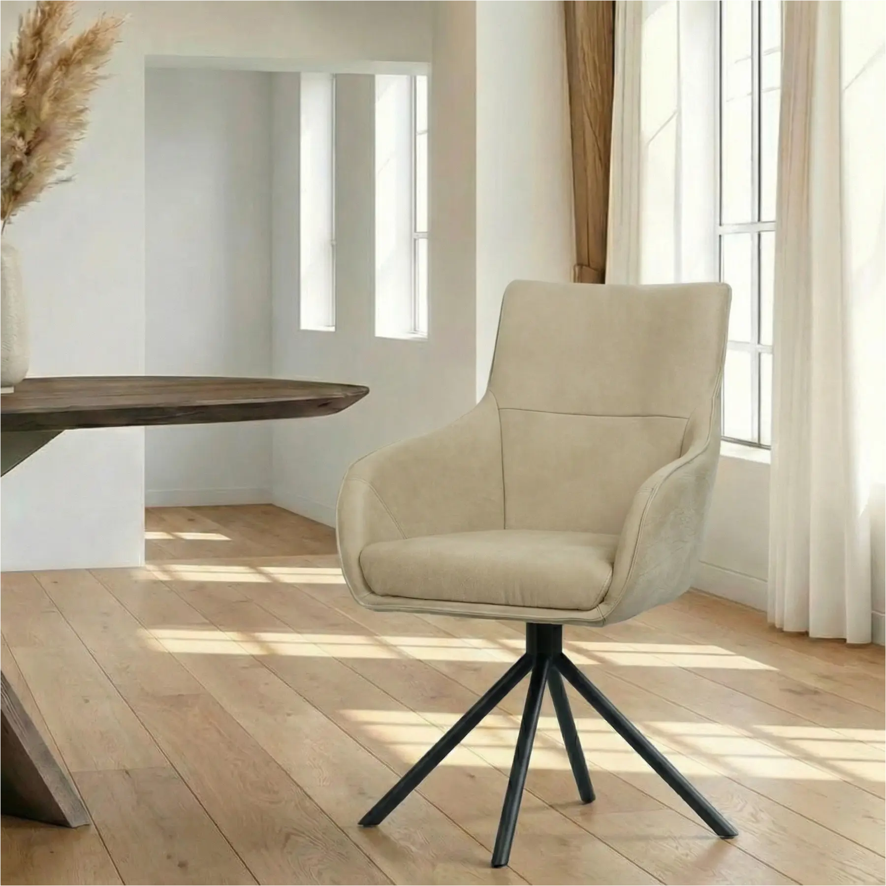 afbeelding van Leren draaibare eetkamerstoel Fancy - Kenia Taupe (taupe/bruin) - Spinpoot staal rond zwart