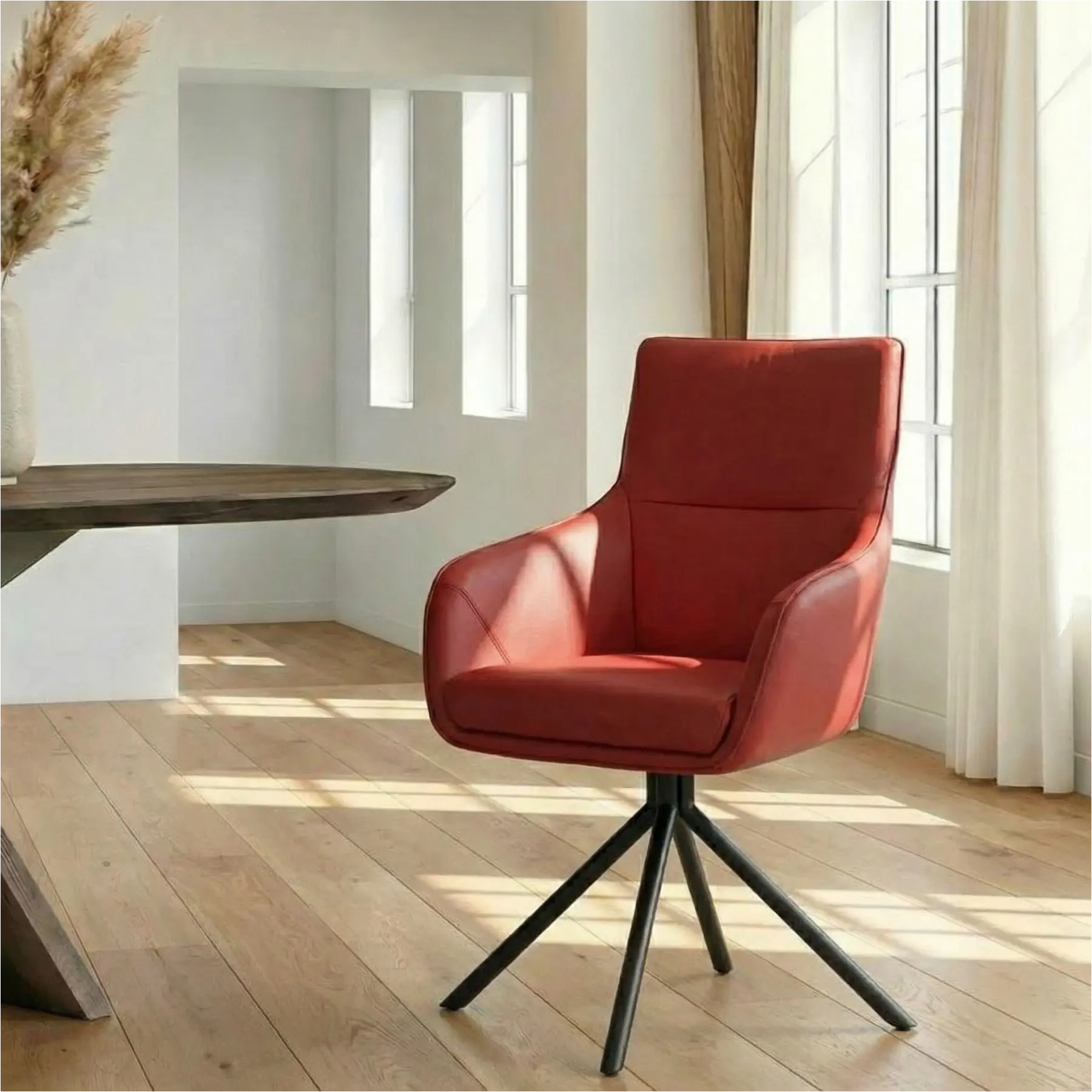 afbeelding van Leren draaibare eetkamerstoel Fancy - Toledo Ducati (rood) - Spinpoot staal rond zwart