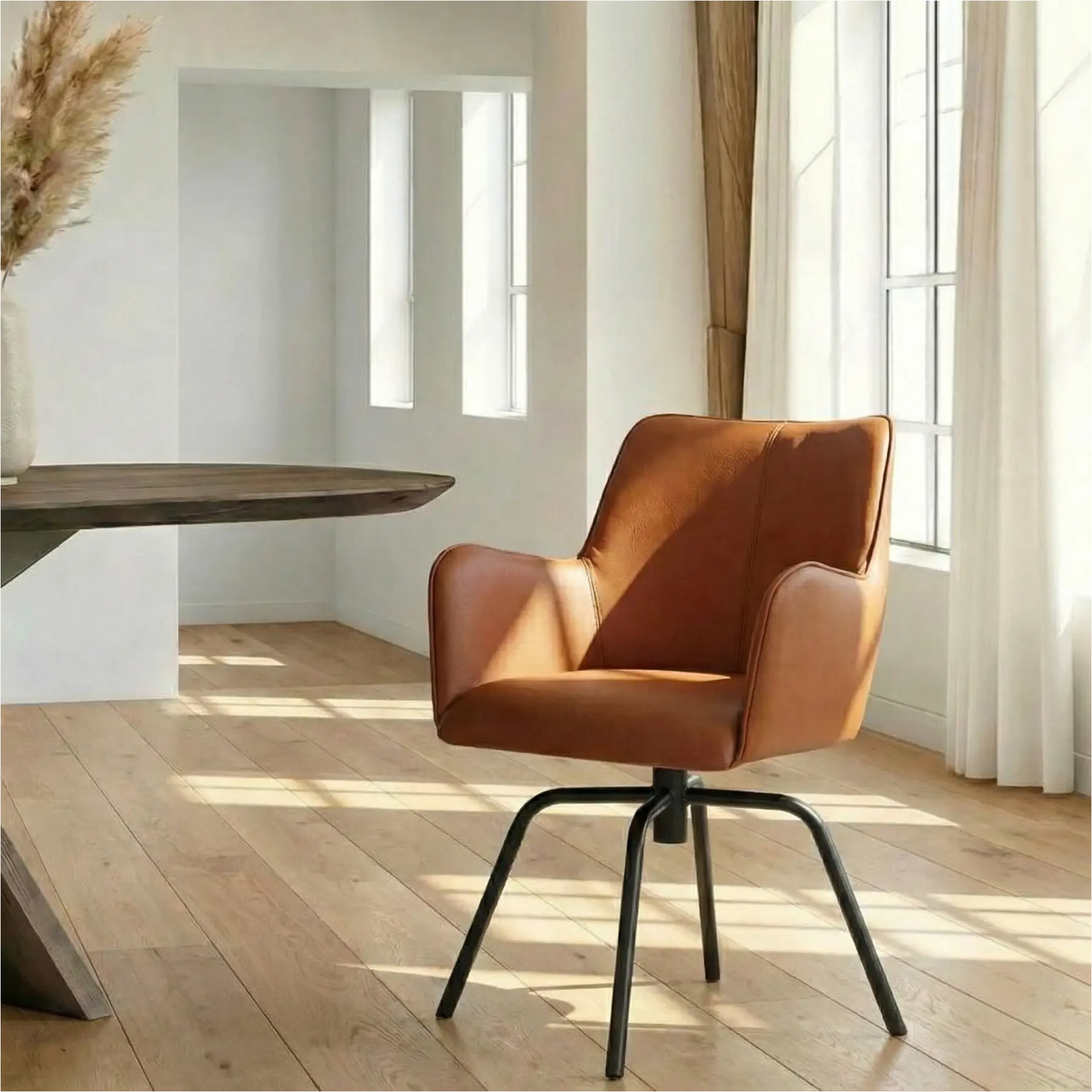 afbeelding van Leren draaibare eetkamerstoel Jazz - Spinpoot staal rond zwart