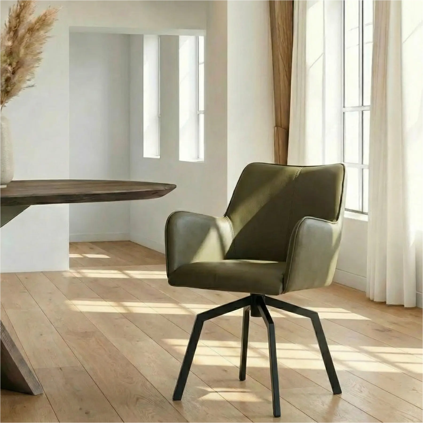 afbeelding van Leren draaibare eetkamerstoel Jazz - Spinpoot staal vierkant zwart