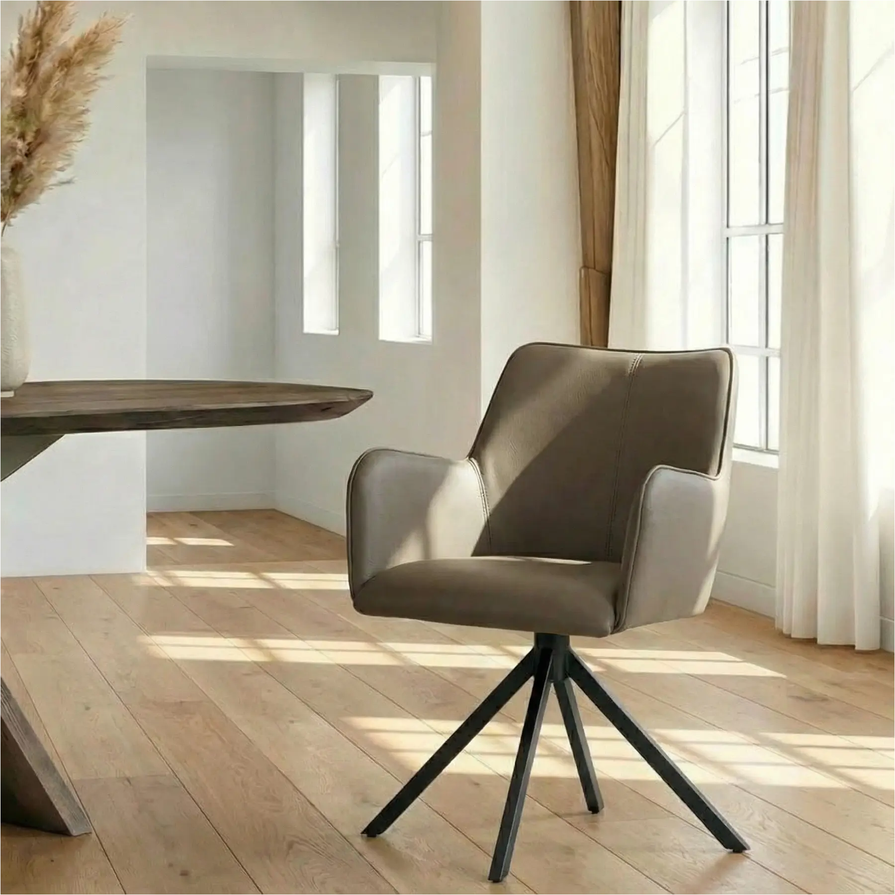 afbeelding van Leren draaibare eetkamerstoel Jazz - Toledo Moss (bruin/groen) - Spinpoot staal vierkant zwart