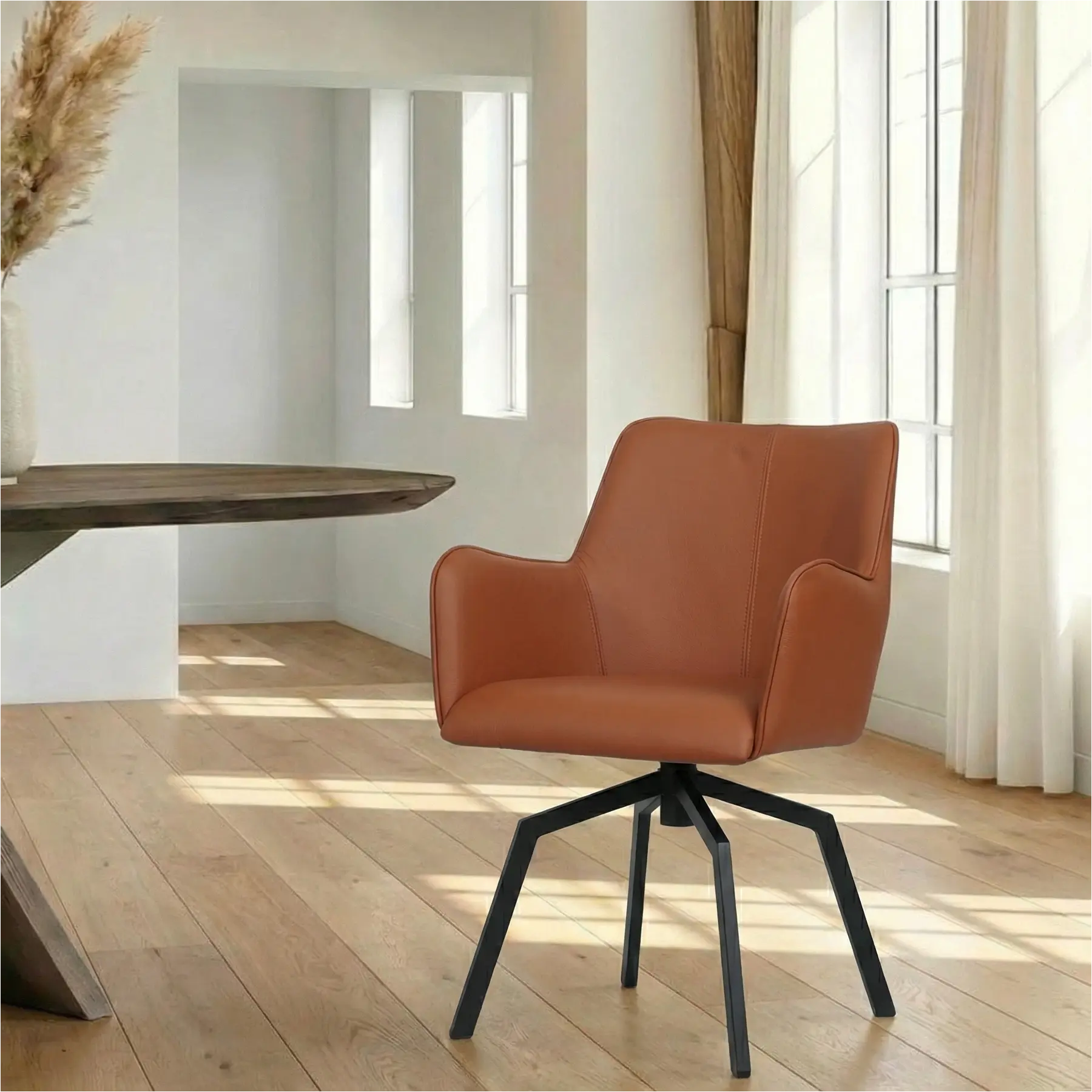 afbeelding van Leren draaibare eetkamerstoel Jazz - Toledo Natur (cognac) - Spinpoot staal vierkant zwart