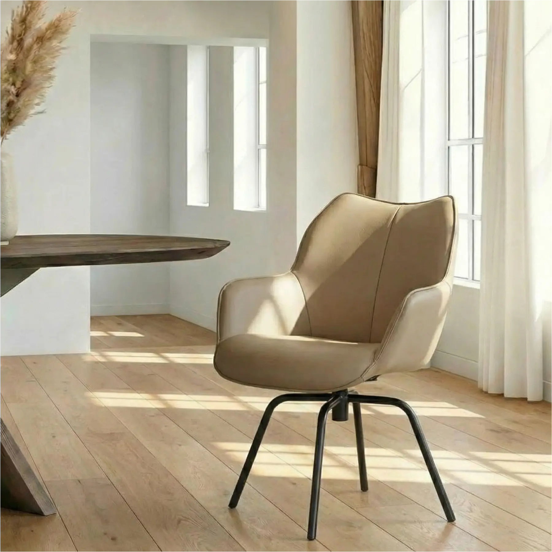 afbeelding van Leren draaibare eetkamerstoel Magic - Hermes Mocca (taupe/bruin) - Spinpoot staal rond zwart