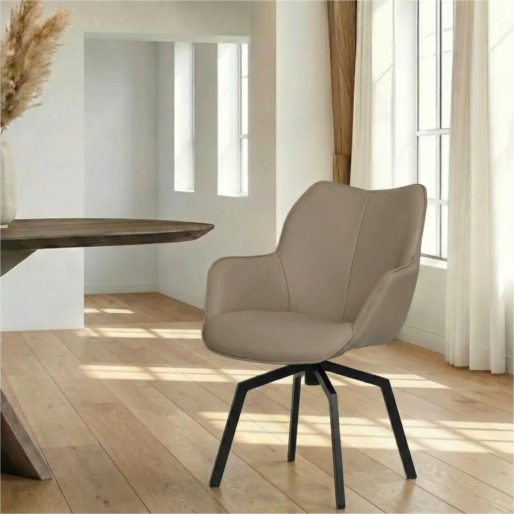 afbeelding van Leren draaibare eetkamerstoel Magic - Spinpoot staal vierkant zwart