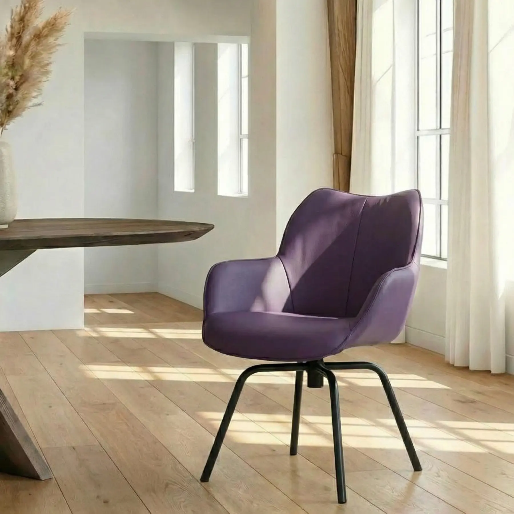 afbeelding van Leren draaibare eetkamerstoel Magic - Toledo Aubergine (paars) - Spinpoot staal rond zwart