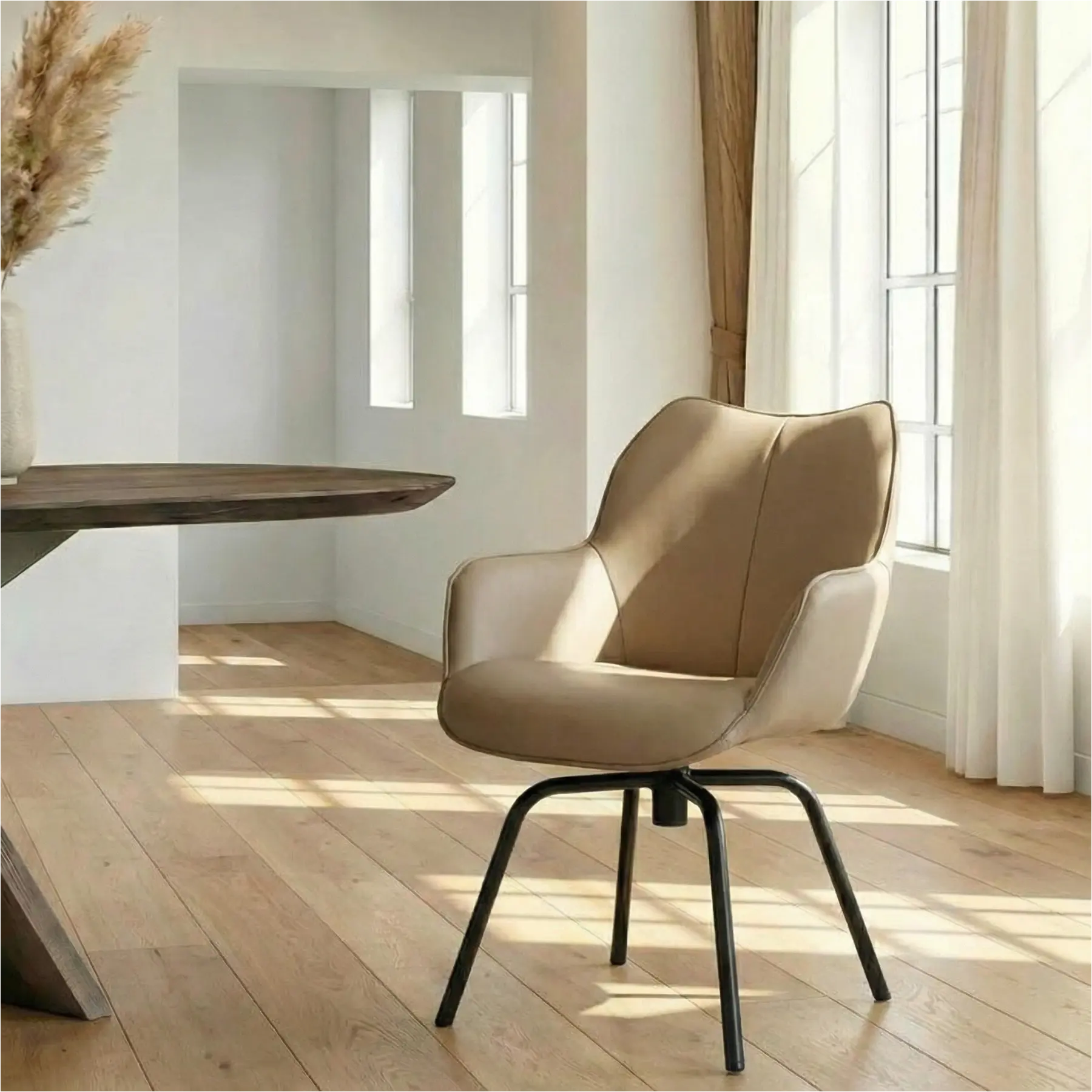 afbeelding van Leren draaibare eetkamerstoel Magic - Toledo Khaki (taupe/bruin) - Spinpoot staal rond zwart