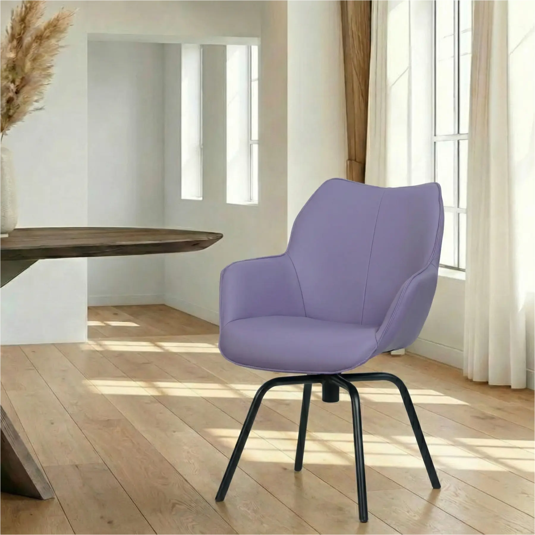 afbeelding van Leren draaibare eetkamerstoel Magic - Toledo Lila (lichtpaars) - Spinpoot staal rond zwart