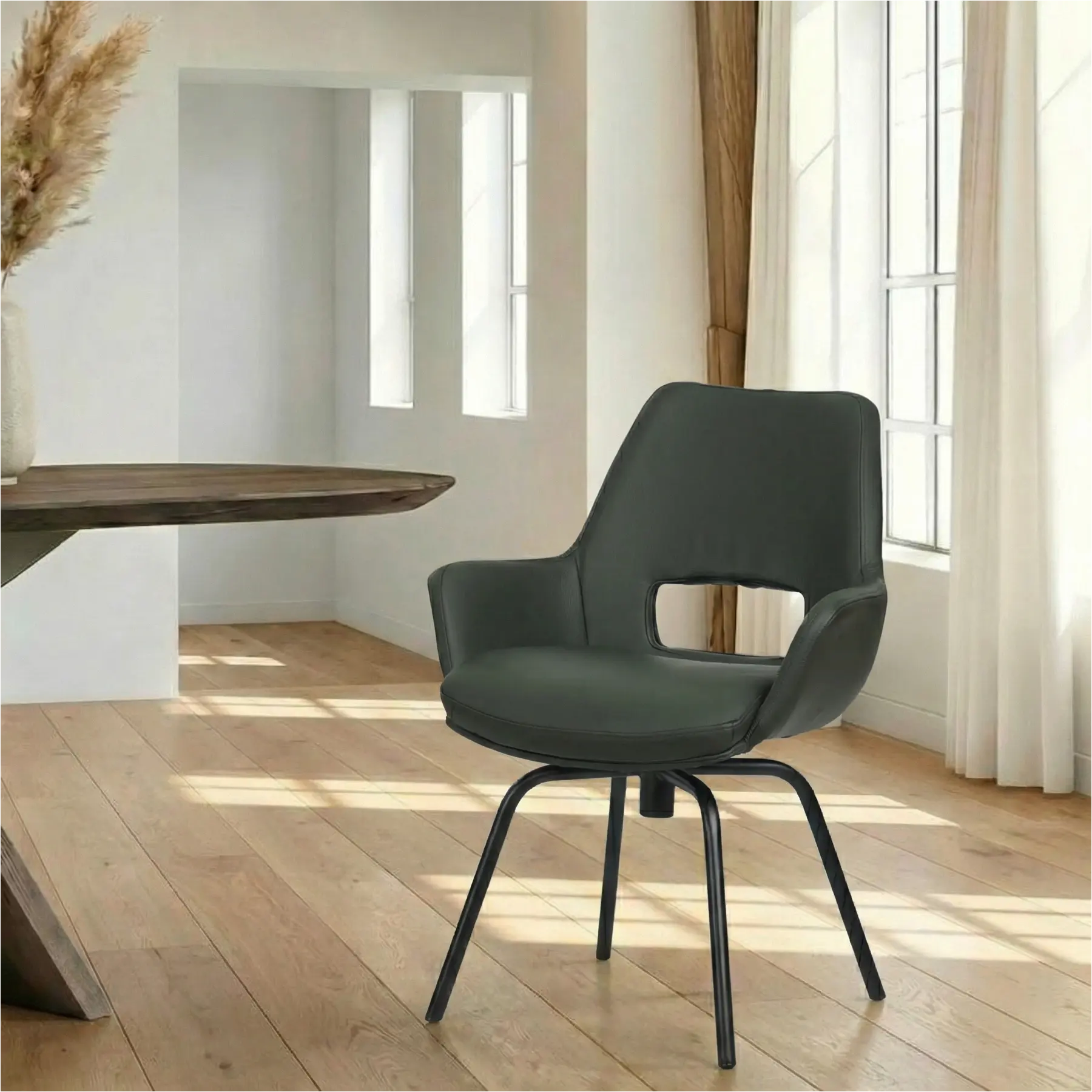 afbeelding van Leren draaibare eetkamerstoel Zippy - Hermes Verde (donkergroen) - Spinpoot staal rond zwart