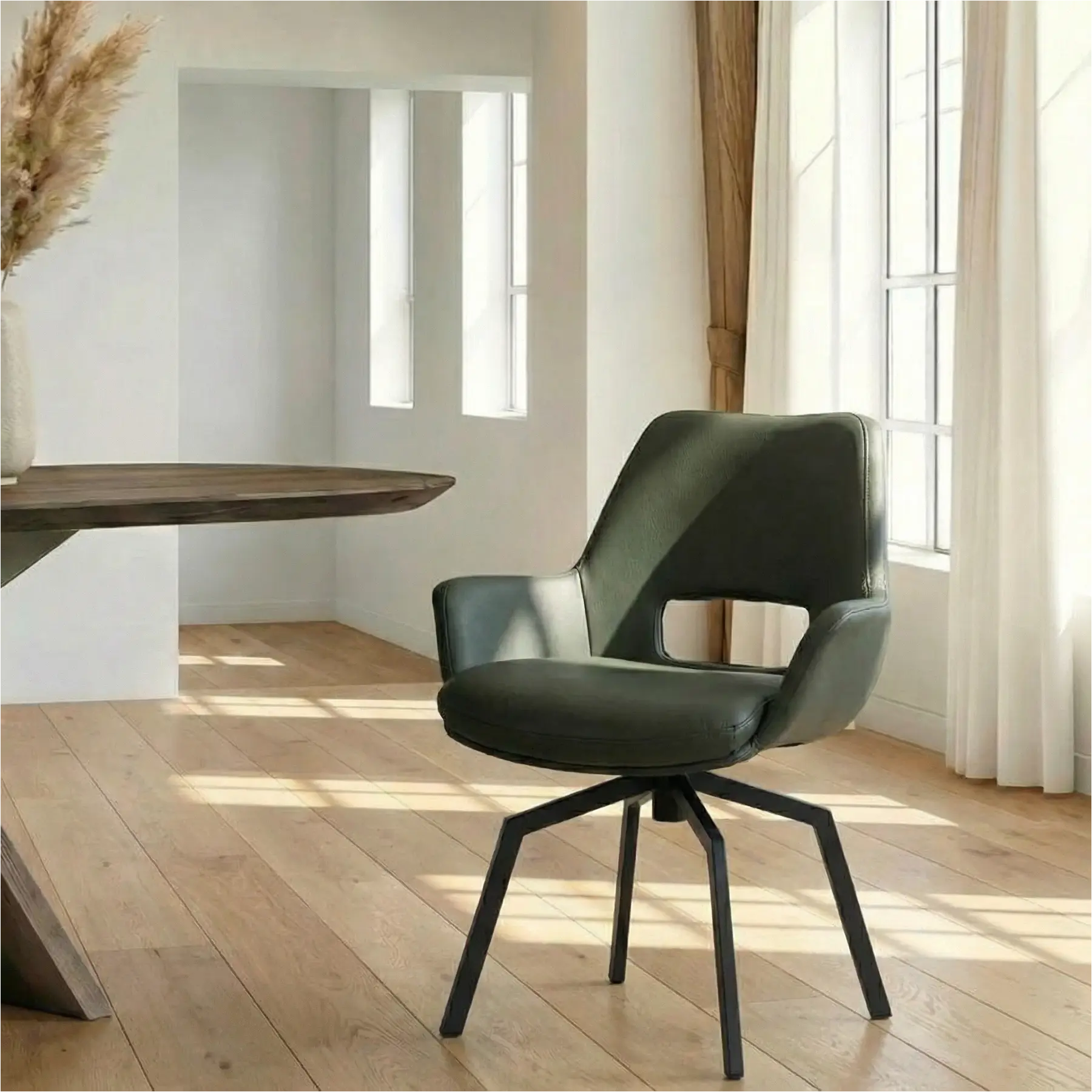 afbeelding van Leren draaibare eetkamerstoel Zippy - Hermes Verde (donkergroen) - Spinpoot staal vierkant zwart