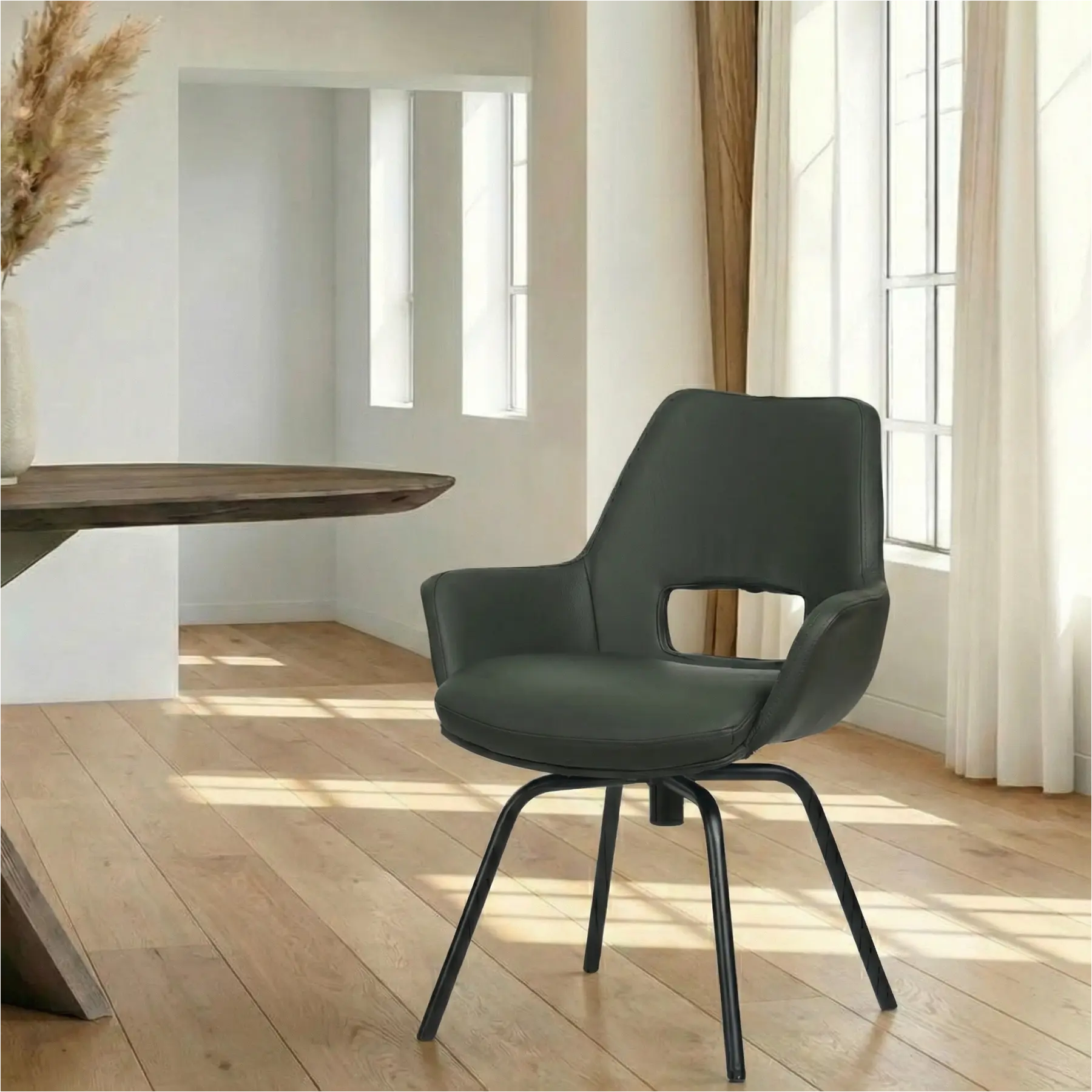 afbeelding van Leren draaibare eetkamerstoel Zippy - Spinpoot staal rond zwart