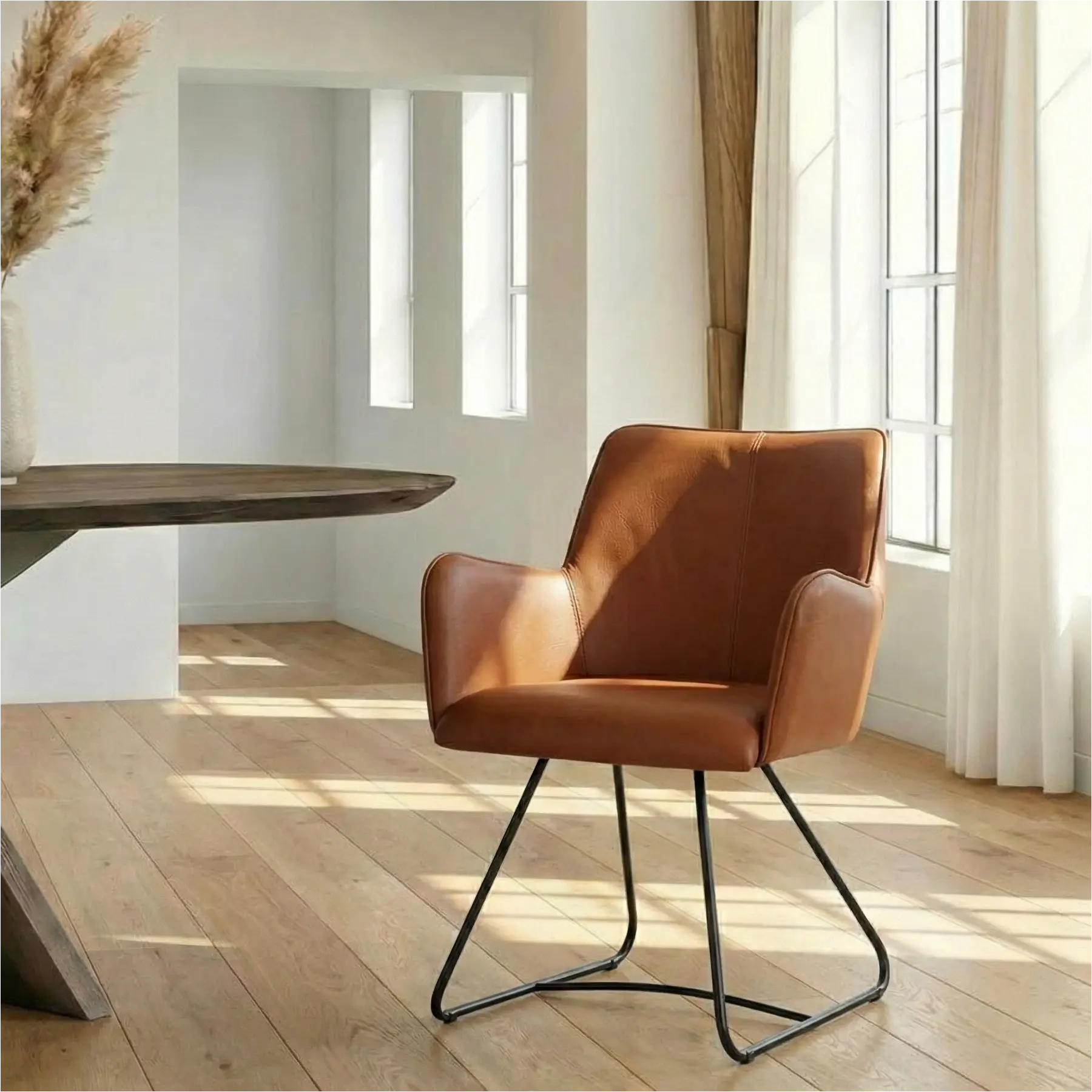 afbeelding van Leren eetkamerstoel Jazz - poten staal rond zwart