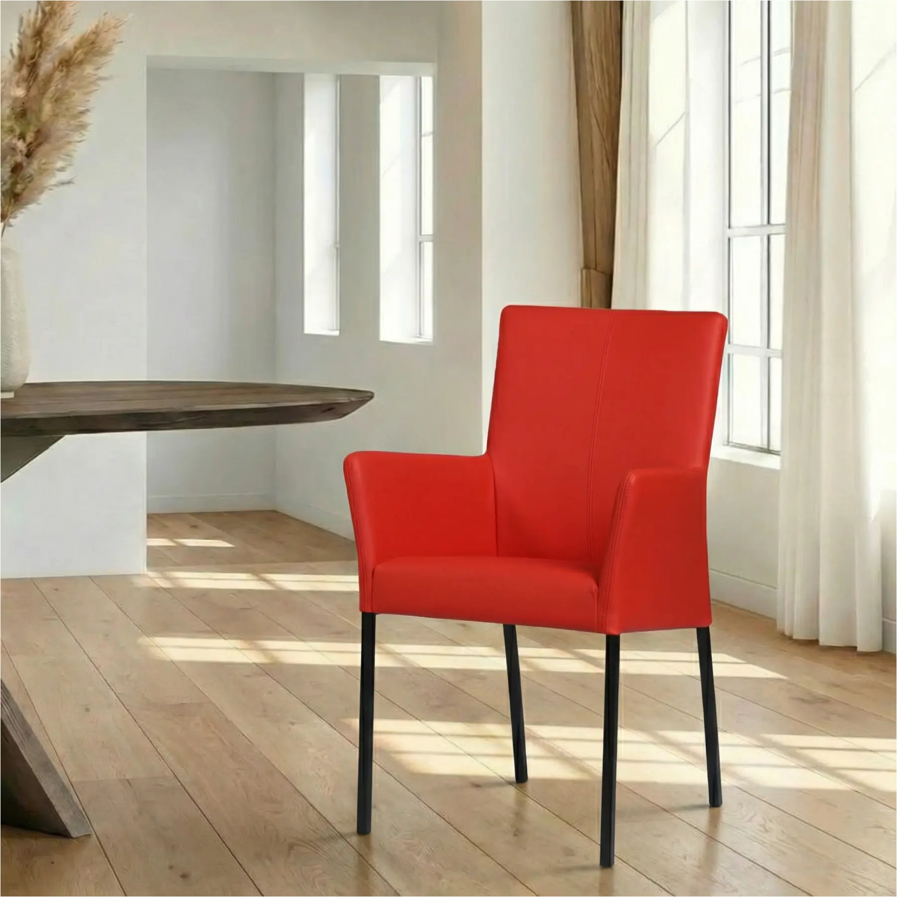 afbeelding van Leren eetkamerstoel Comfort met armleuning - Toledo Ferrari (felrood) - Poten staal vierkant zwart