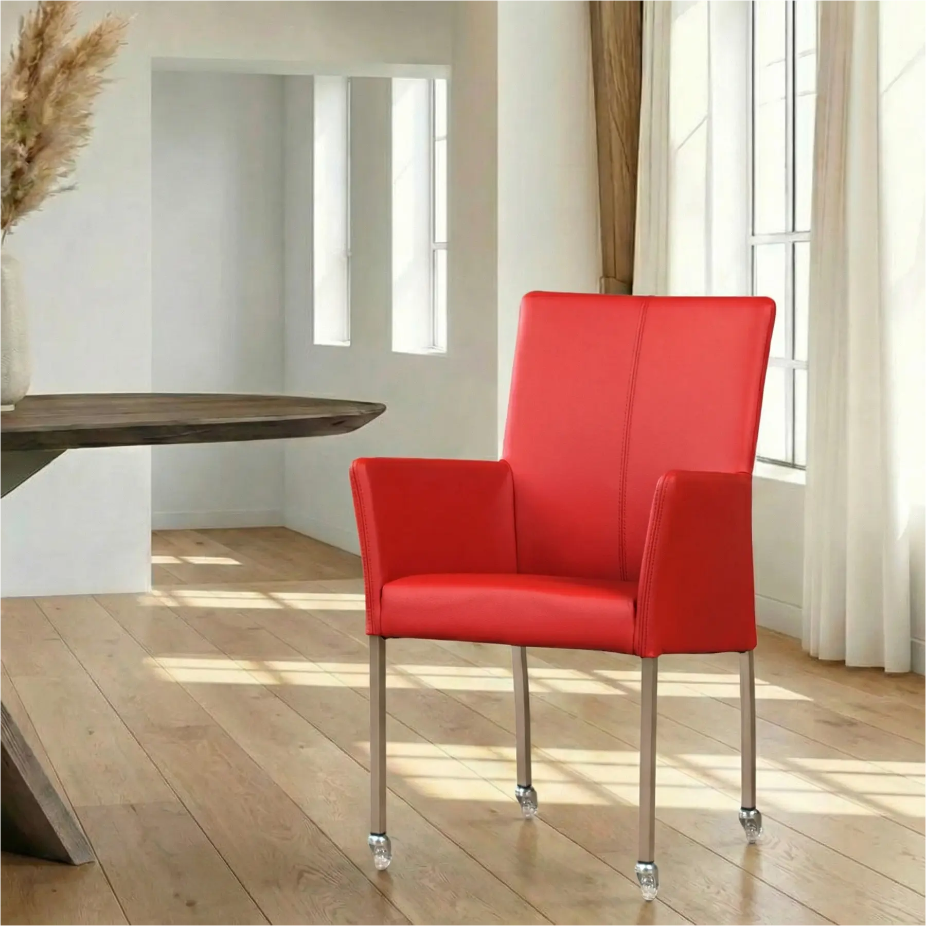 afbeelding van Leren eetkamerstoel Comfort met wieltjes en armleuning - Toledo Ducati (rood) - Poten staal vierkant RVS