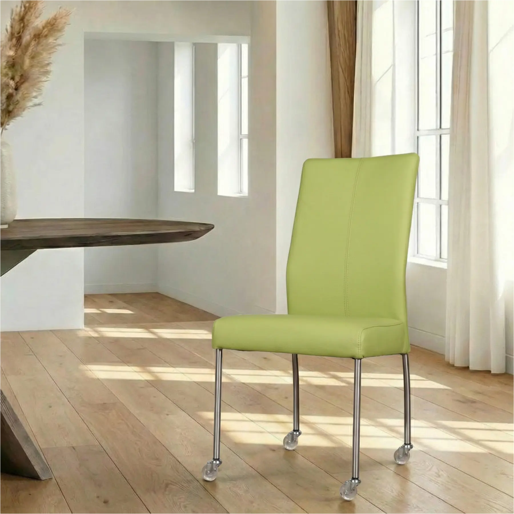 afbeelding van Leren eetkamerstoel Comfort met wieltjes - Hermes Lime (felgroen) - Poten staal rond RVS