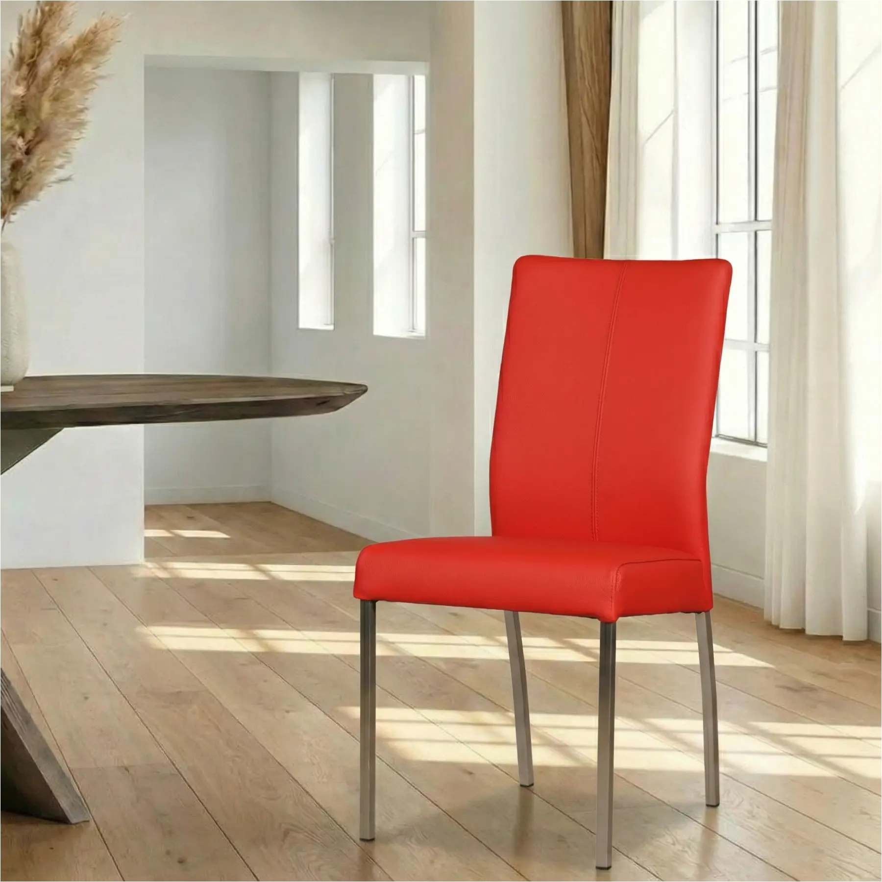 afbeelding van Leren eetkamerstoel Comfort - Toledo Ferrari (felrood) - Poten staal vierkant RVS