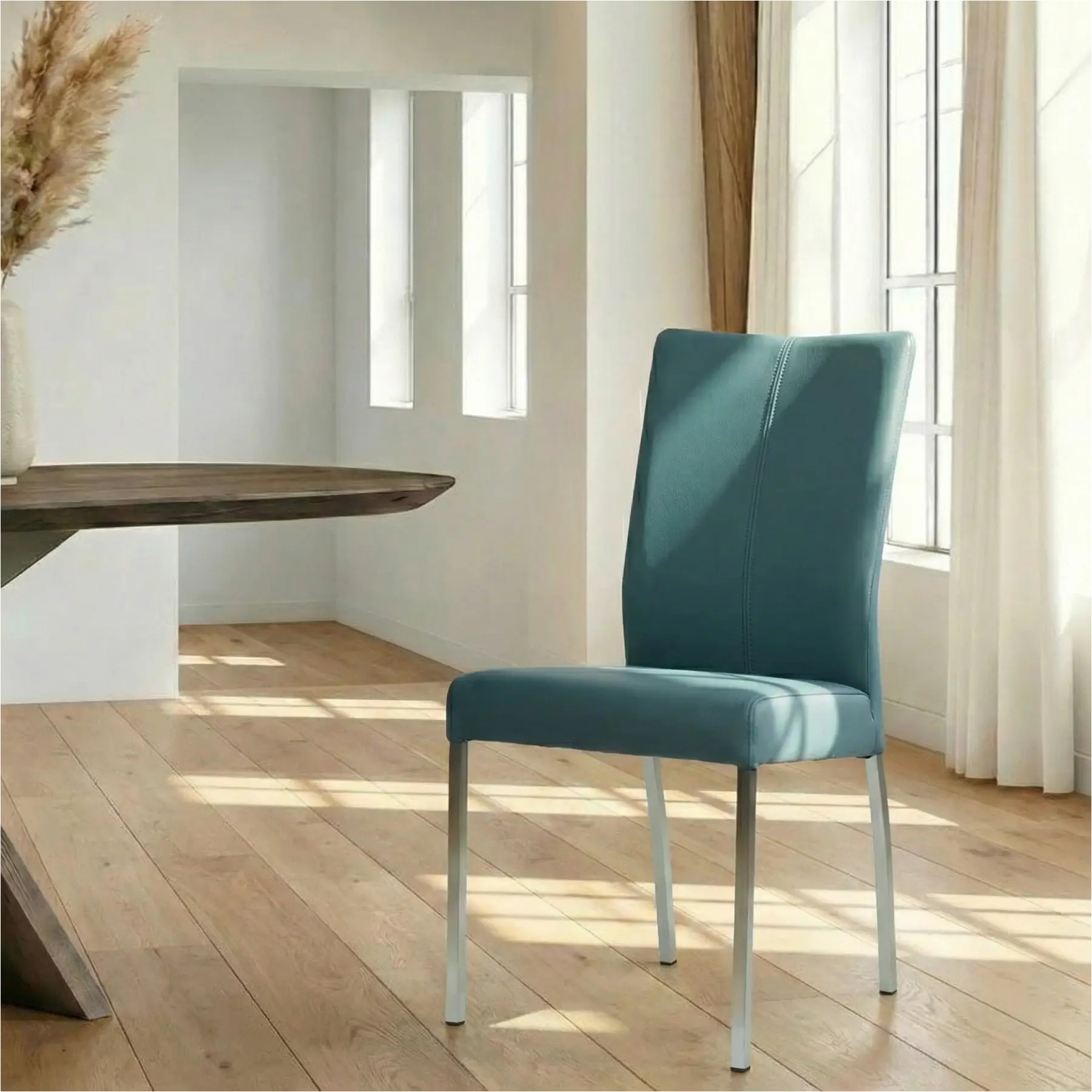 afbeelding van Leren eetkamerstoel Comfort - Toledo Whale (blauw/grijs) - Poten staal vierkant RVS