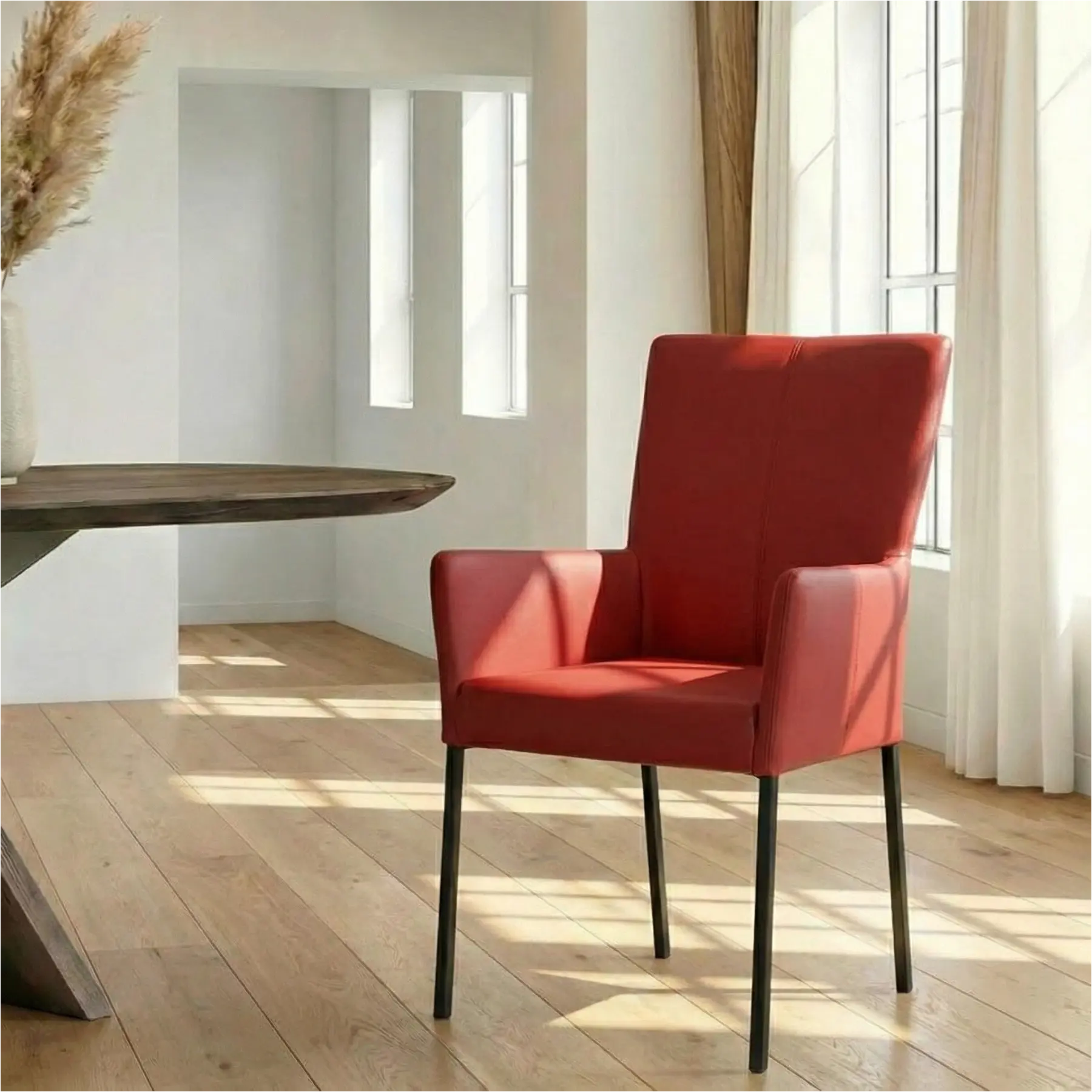 afbeelding van Leren eetkamerstoel Daily met armleuning - Toledo Ducati (rood) - Poten staal vierkant zwart