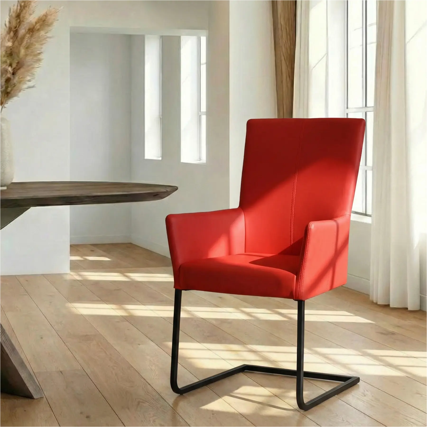 afbeelding van Leren eetkamerstoel Dare met armleuning - Toledo Ferrari (felrood) - Sledepoot staal vierkant zwart