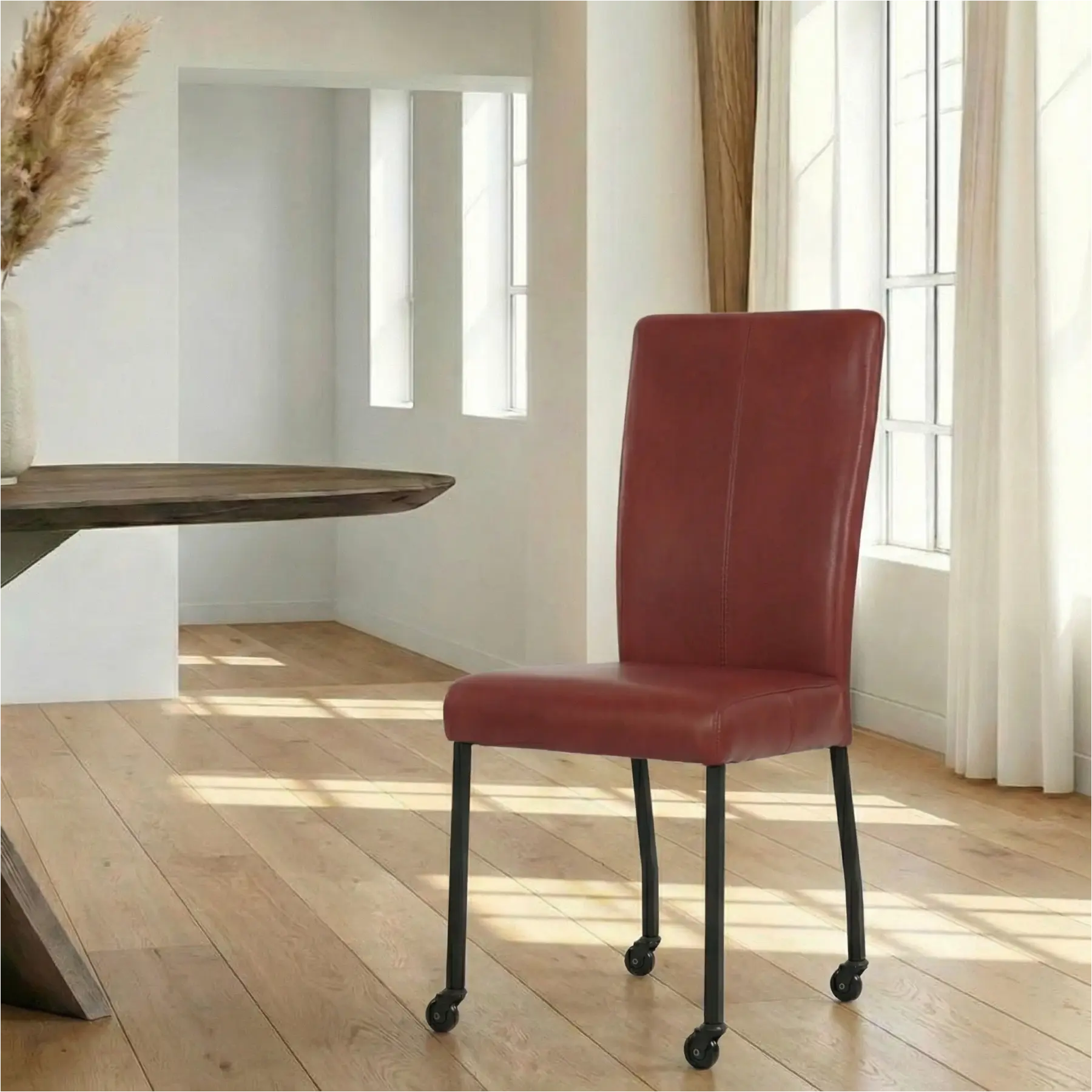 afbeelding van Leren eetkamerstoel Deal - Granada Rouge (rood) - Poten staal vierkant zwart