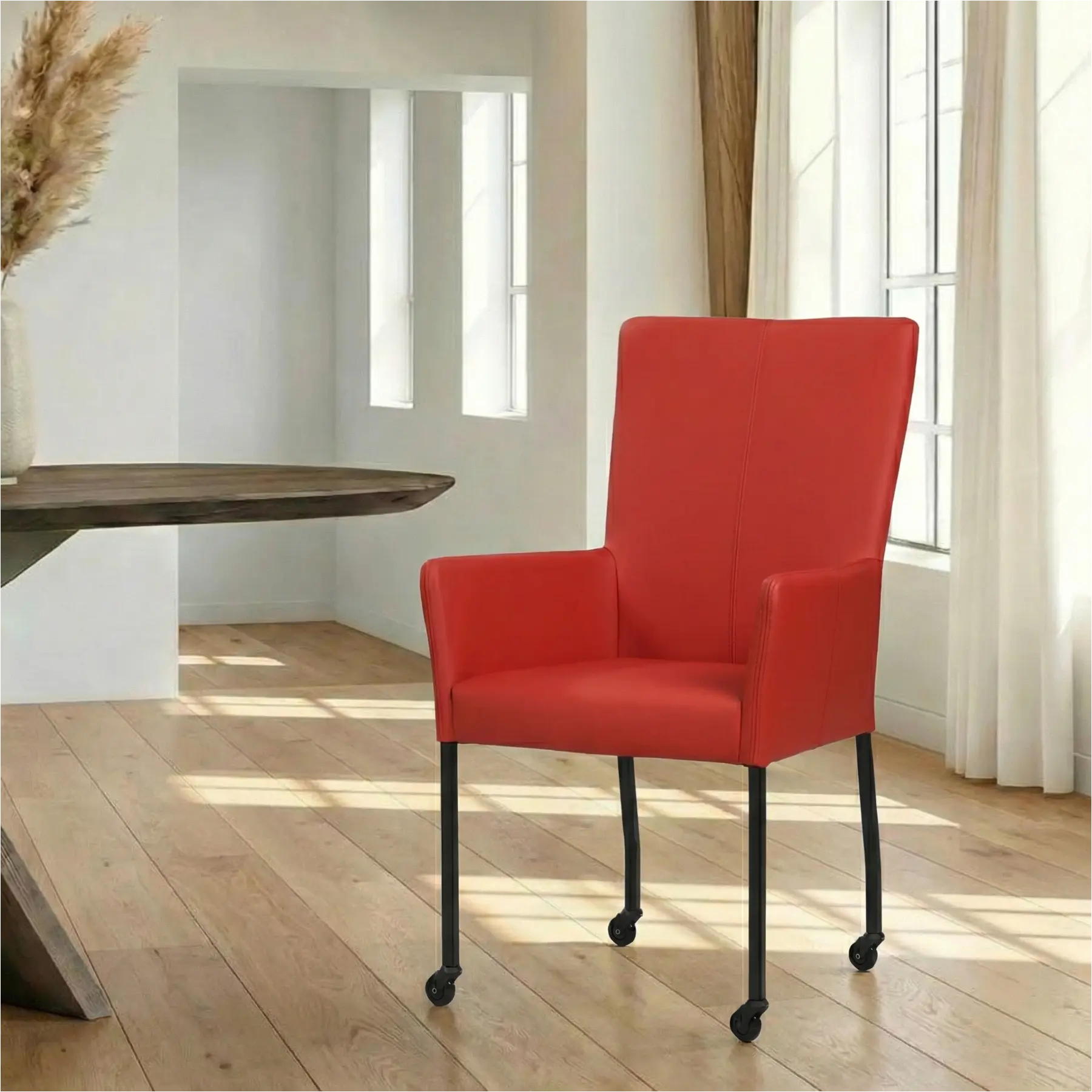 afbeelding van Leren eetkamerstoel Deal met armleuning - Toledo Ducati (rood) - Poten staal vierkant zwart