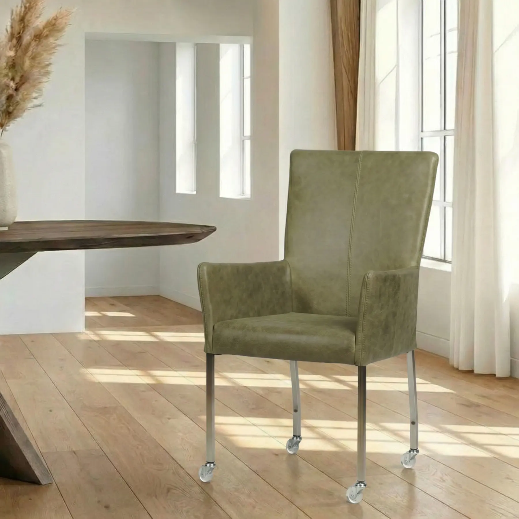 afbeelding van Leren eetkamerstoel Deal met armleuning - Vintage Olive (olijf/groen) - Poten staal vierkant RVS