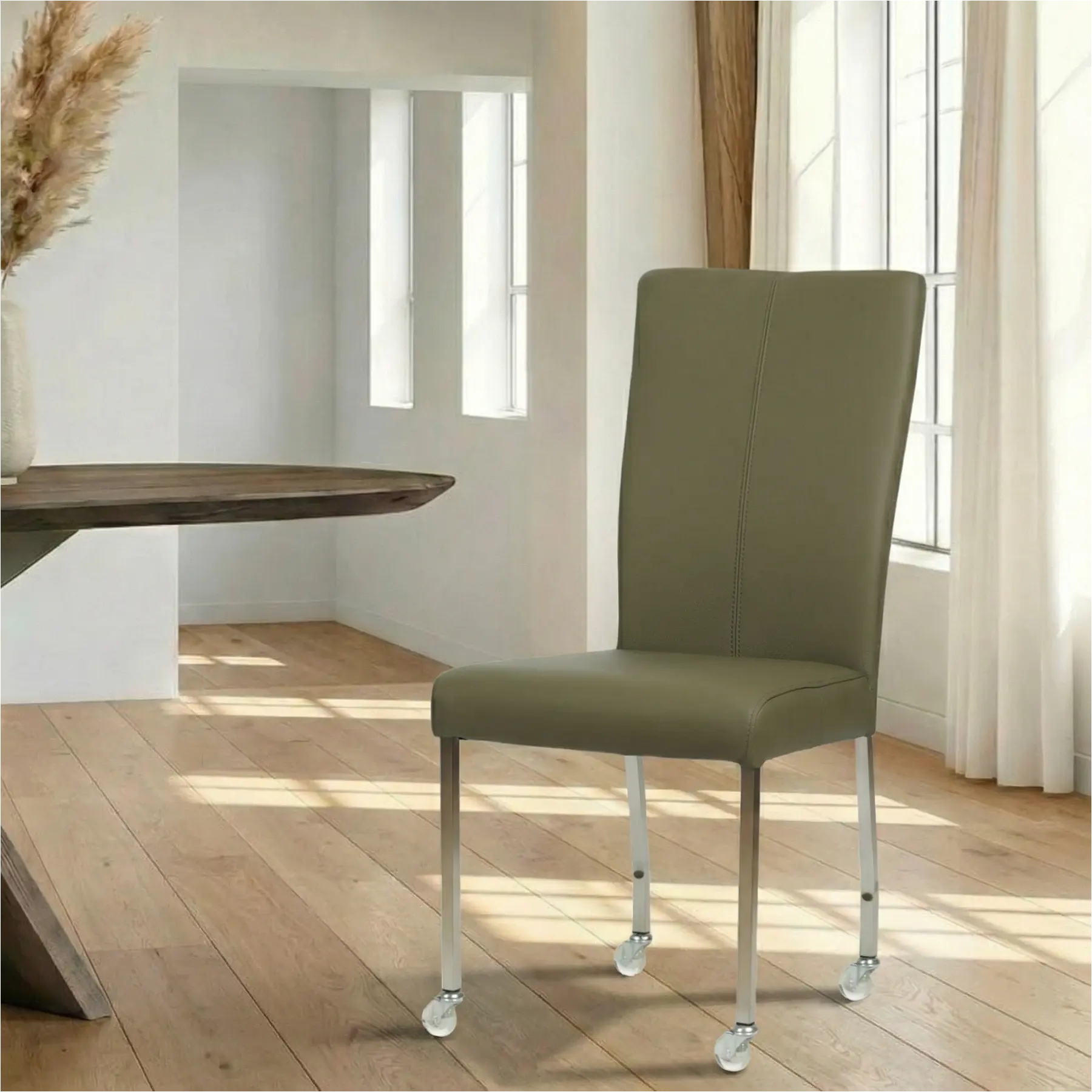 afbeelding van Leren eetkamerstoel Deal - Toledo Olive (olijf/goen) - Poten staal vierkant RVS