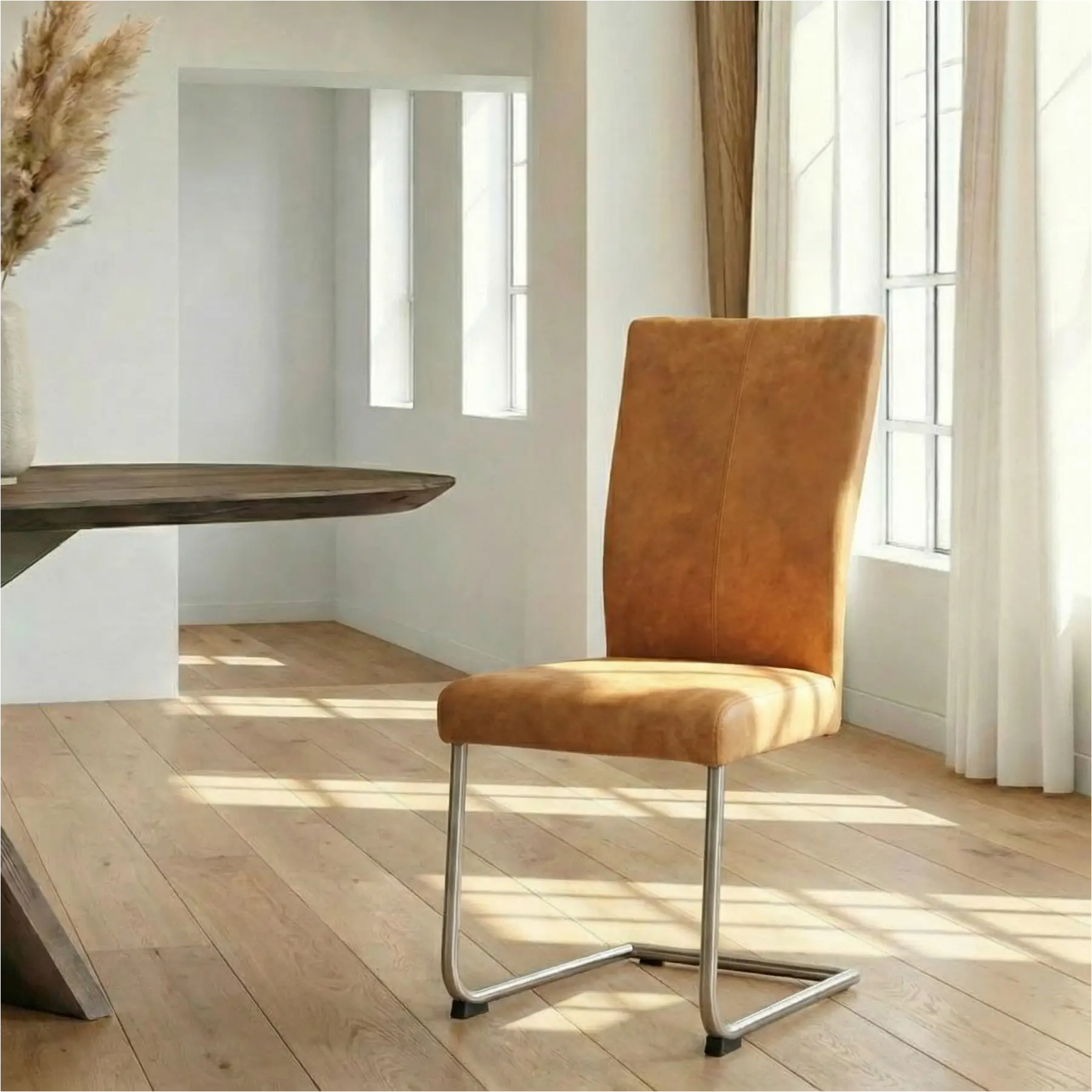 afbeelding van Leren eetkamerstoel Dry - Kenia Cognac (cognac) - Sledepoot staal rond RVS