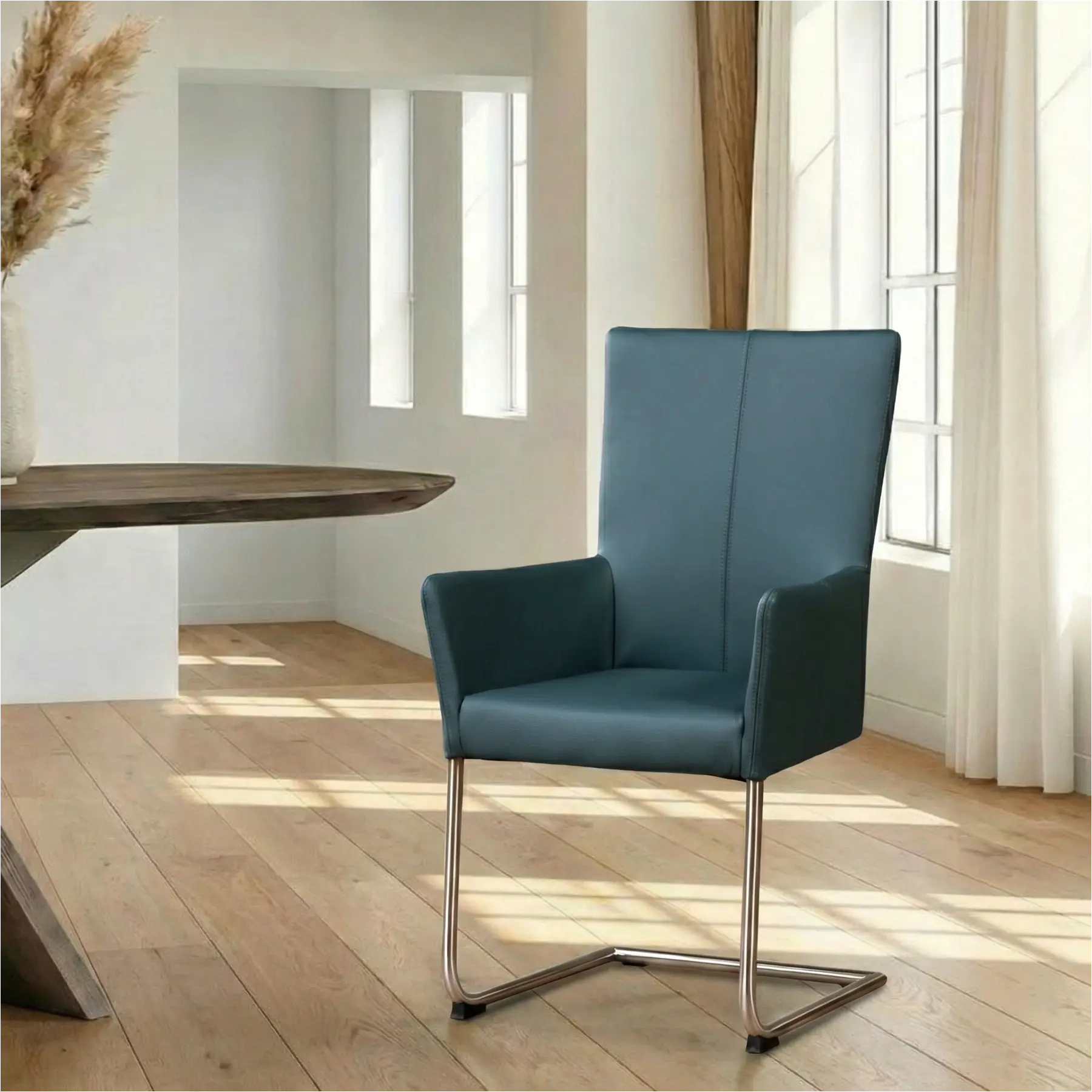 afbeelding van Leren eetkamerstoel Dry met armleuning - Toledo Whale (blauw/grijs) - Sledepoot staal rond RVS