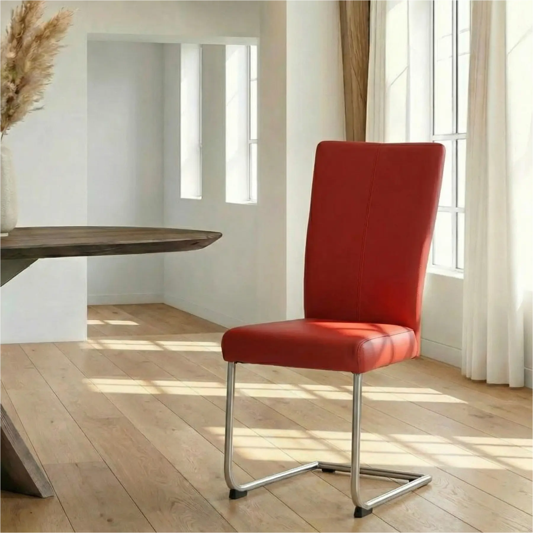 afbeelding van Leren eetkamerstoel Dry - Toledo Ducati (rood) - Sledepoot staal rond RVS