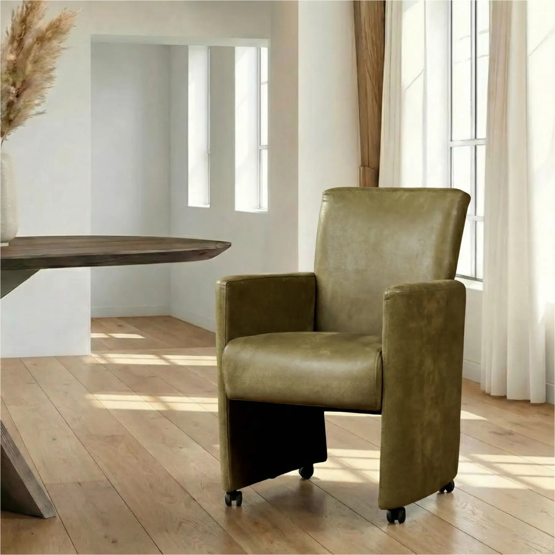 afbeelding van Leren eetkamerstoel Elegant - Kenia Olive (olijf) - Zonder handgreep