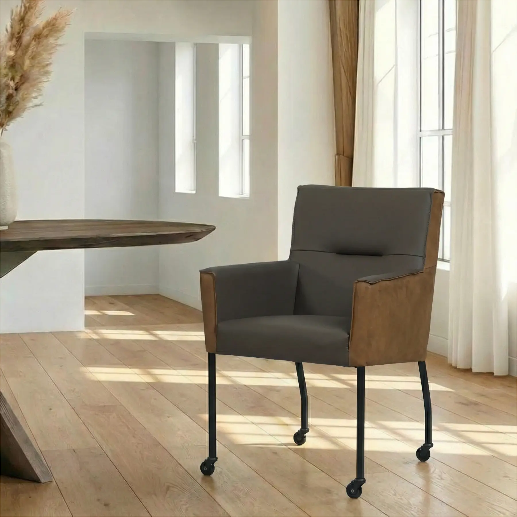 afbeelding van Leren eetkamerstoel Lucky Duo - Kenia Brown en Toledo Espresso - Poten staal vierkant zwart