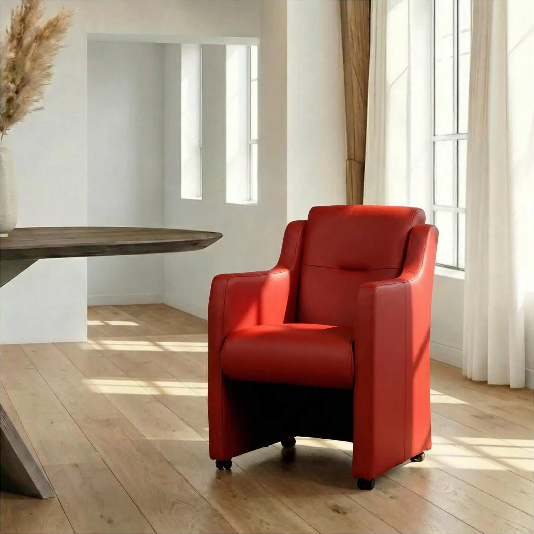 afbeelding van Leren eetkamerstoel Mass - Hermes Red (rood) - Met handgreep RVS