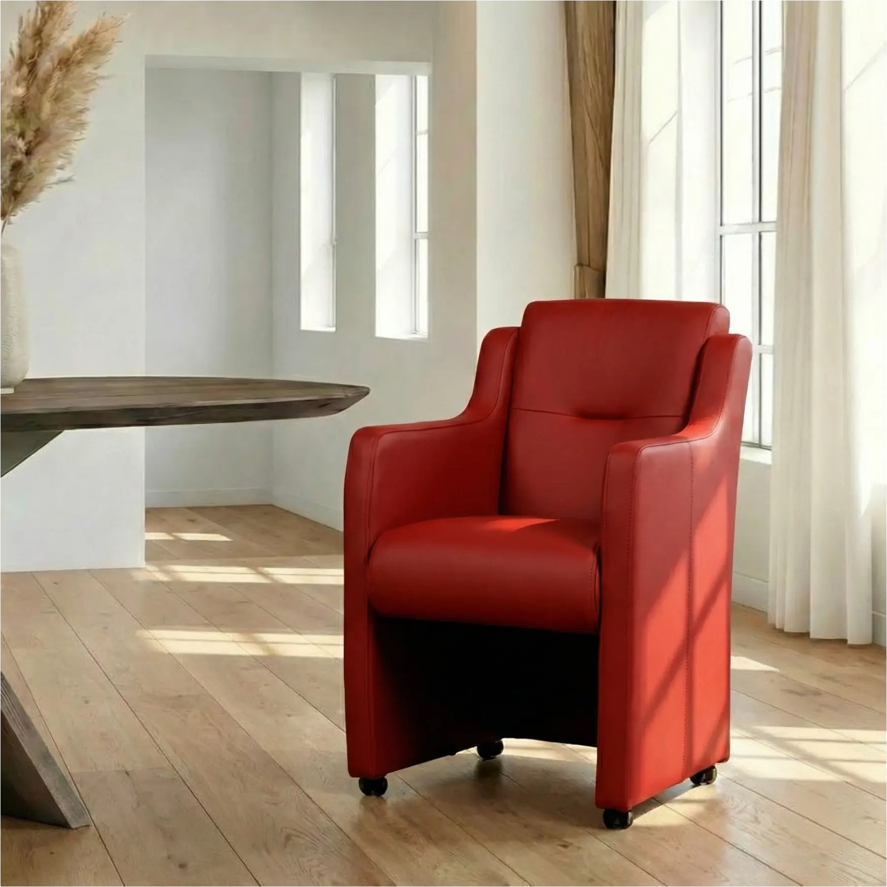 afbeelding van Leren eetkamerstoel Mass - Hermes Red (rood) - Met handgreep zwart