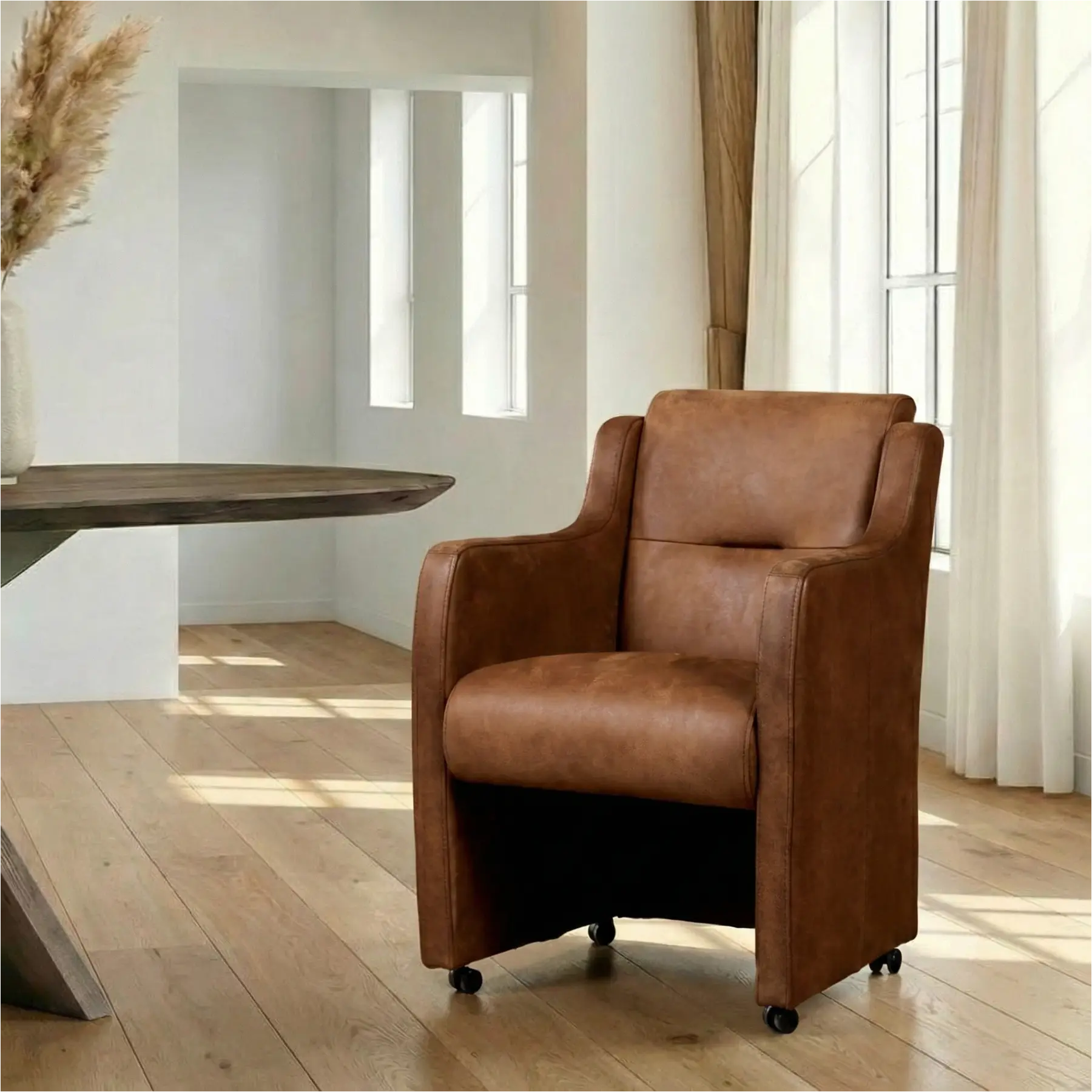 afbeelding van Leren eetkamerstoel Mass - Kenia Brown (bruin) - Met handgreep RVS