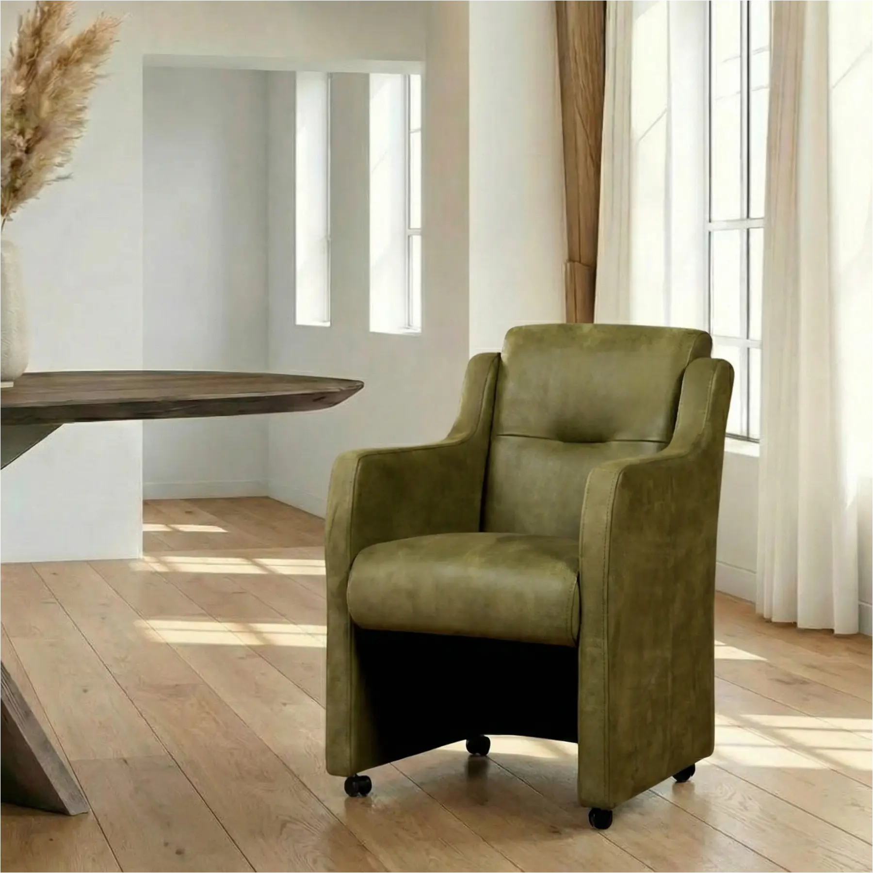 afbeelding van Leren eetkamerstoel Mass - Kenia Olive (olijf) - Met handgreep RVS