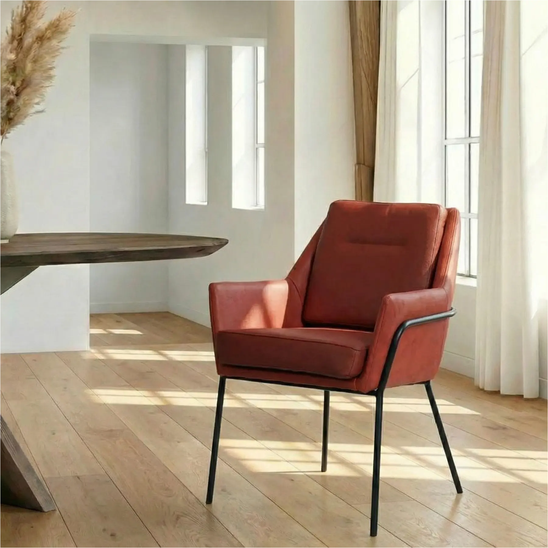 afbeelding van Leren eetkamerstoel Mix Duo - Kenia Burgundy en Toledo Cherry - Poten staal rond zwart