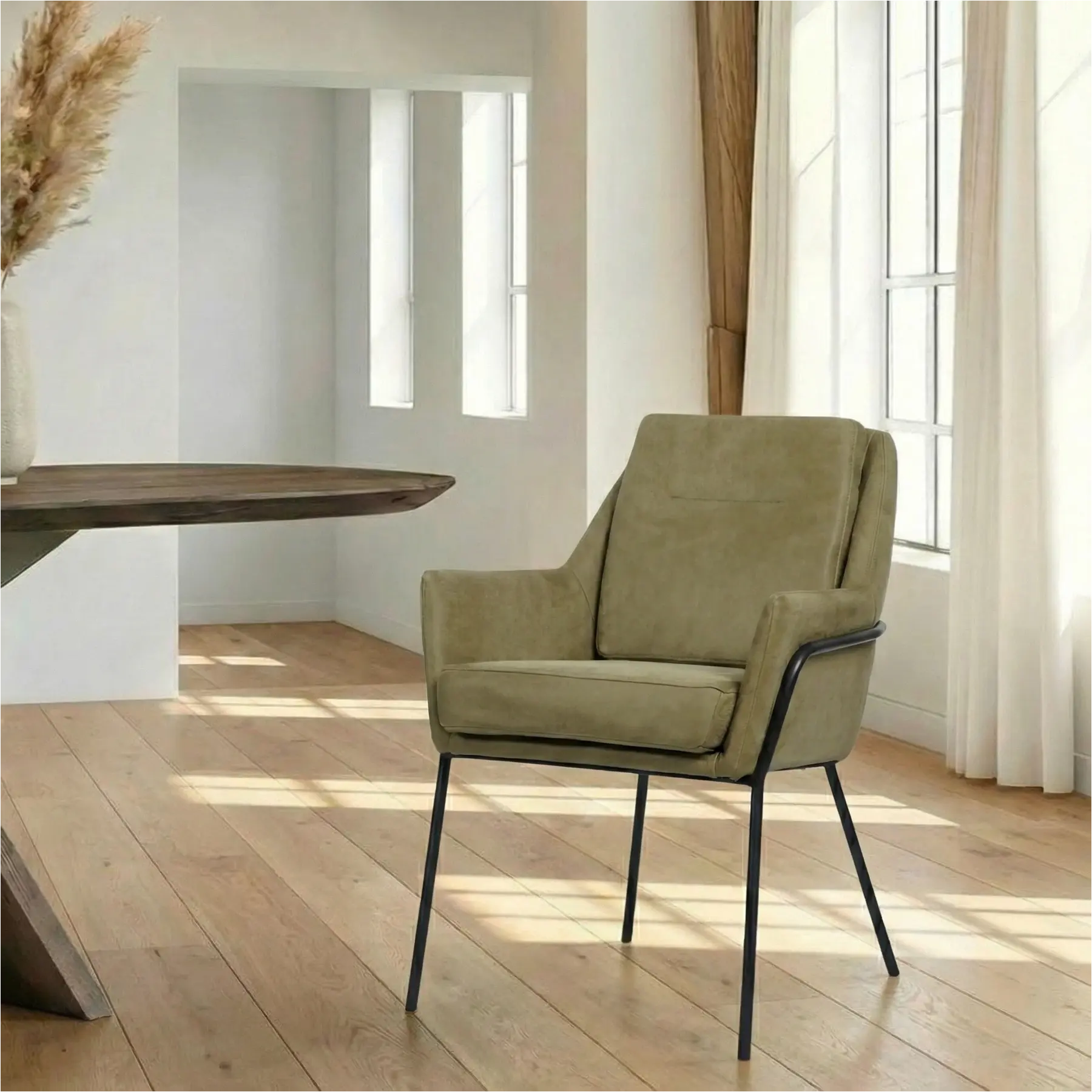 afbeelding van Leren eetkamerstoel Mix - Kenia Olive (olijf) - Poten staal rond zwart