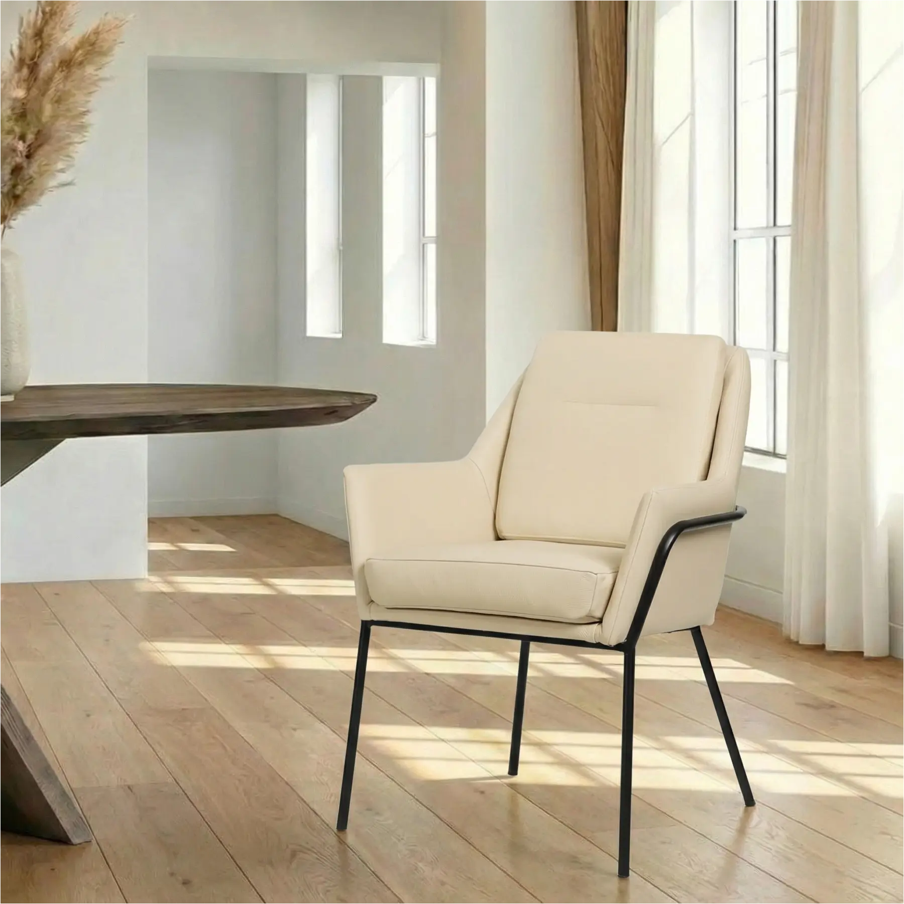 afbeelding van Leren eetkamerstoel Mix - Toledo Betulla (crème) - Poten staal rond zwart