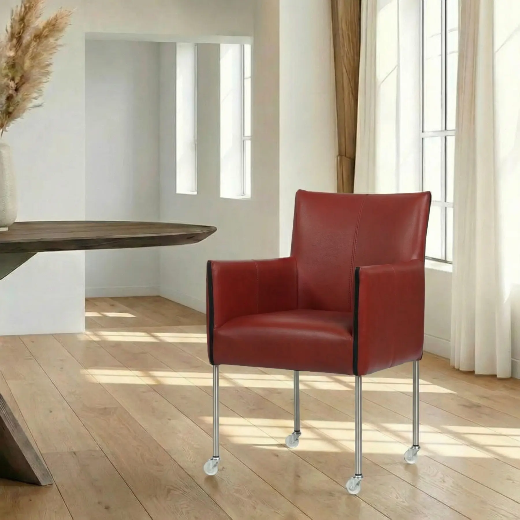 afbeelding van Leren eetkamerstoel More - Granada Rouge (rood) - Poten staal rond RVS