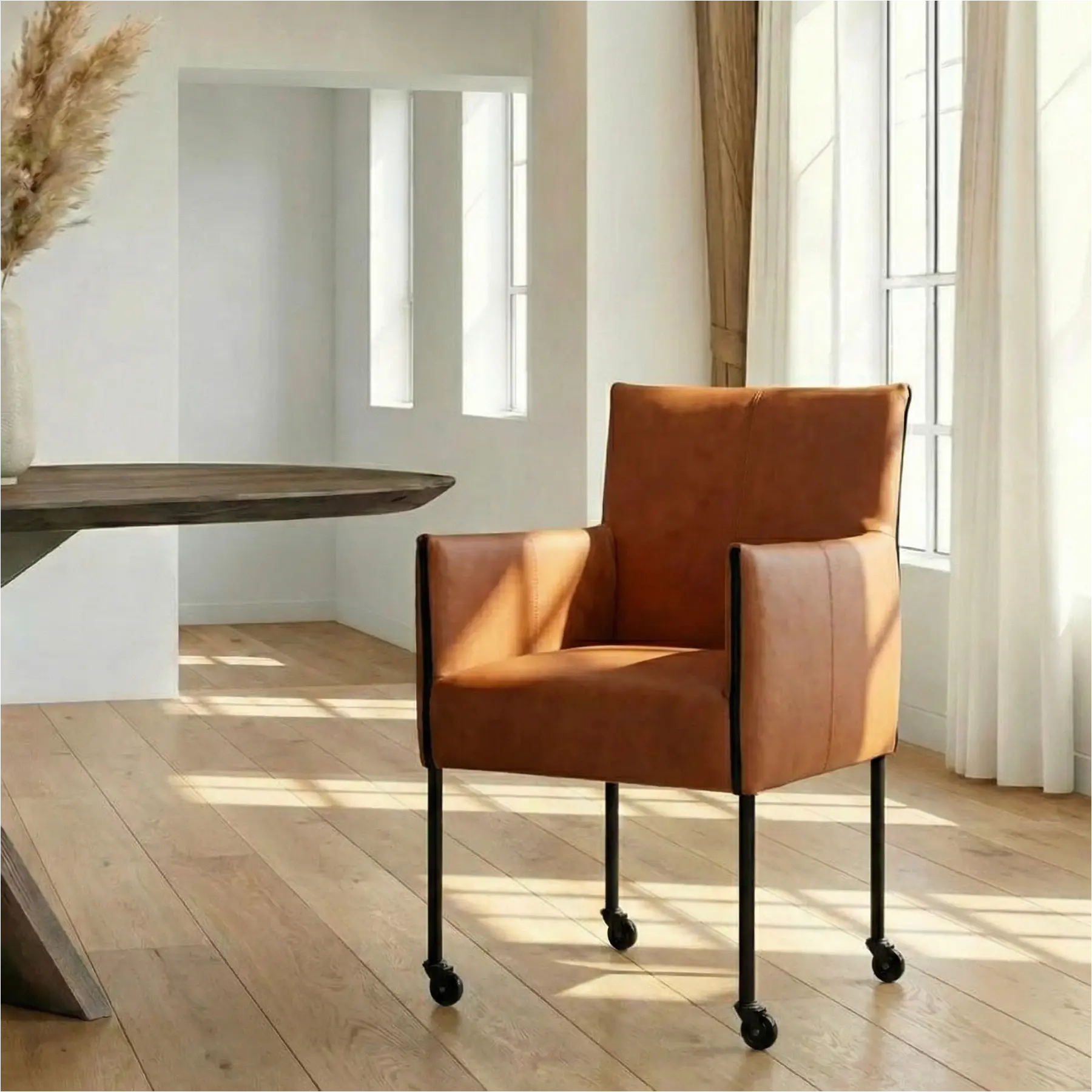 afbeelding van Leren eetkamerstoel More - Rancho Cognac (cognac) - Poten staal rond zwart