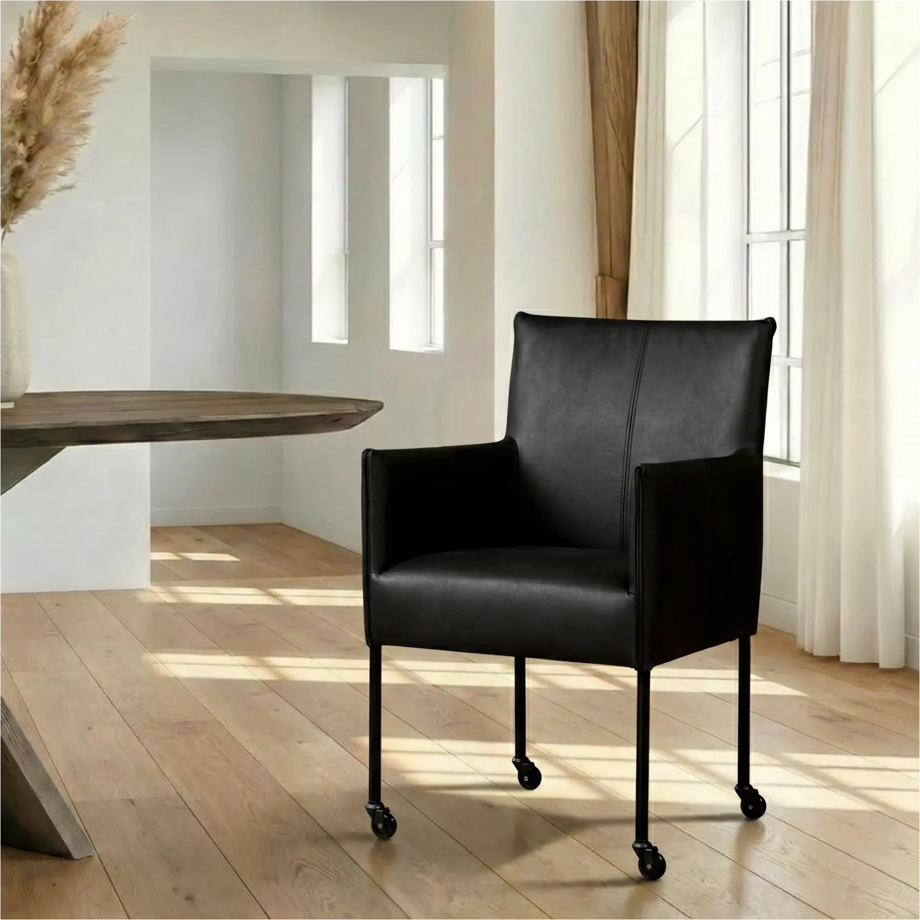 afbeelding van Leren eetkamerstoel More - Rancho Nero (zwart) - Poten staal rond zwart