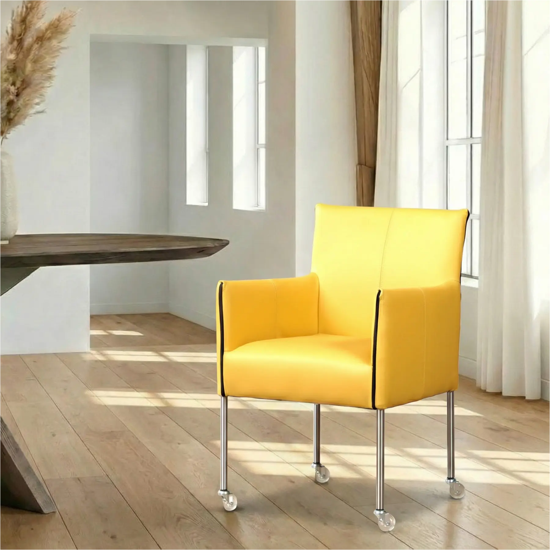 afbeelding van Leren eetkamerstoel More - Toledo Lemon (geel) - Poten staal rond RVS