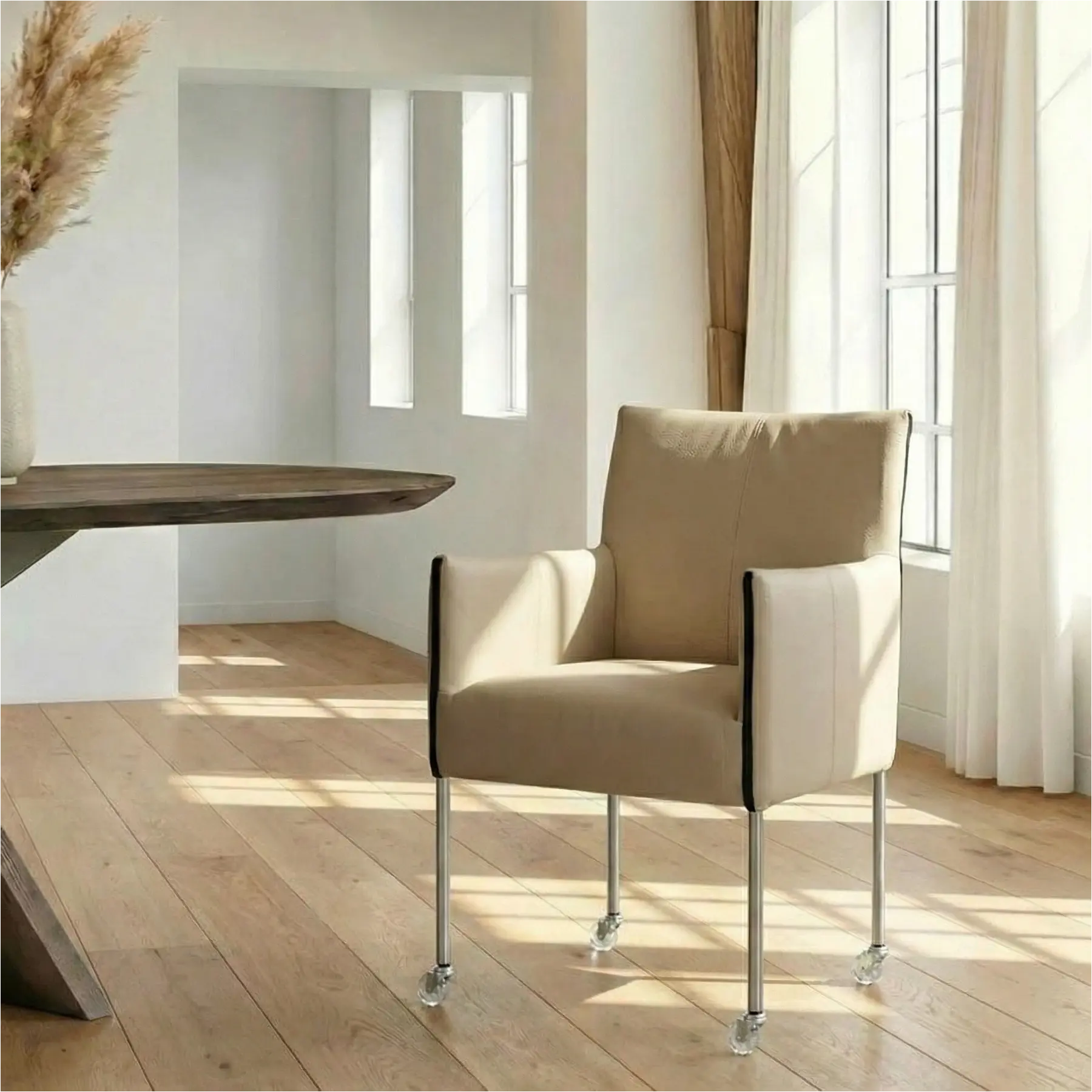 afbeelding van Leren eetkamerstoel More - Toledo Mastic (taupe/bruin) - Poten staal rond RVS