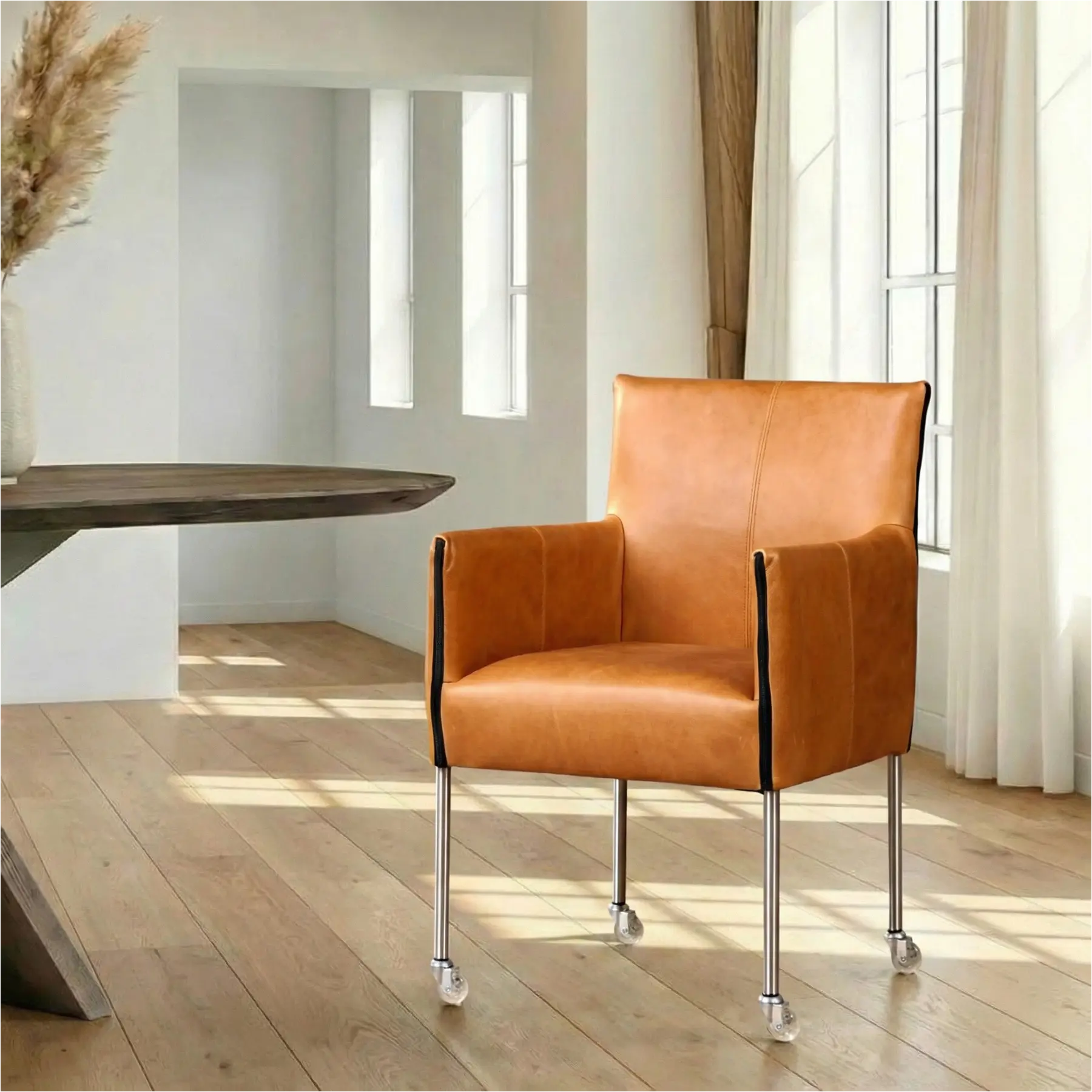 afbeelding van Leren eetkamerstoel More - Vintage Cognac (cognac) - Poten staal rond RVS