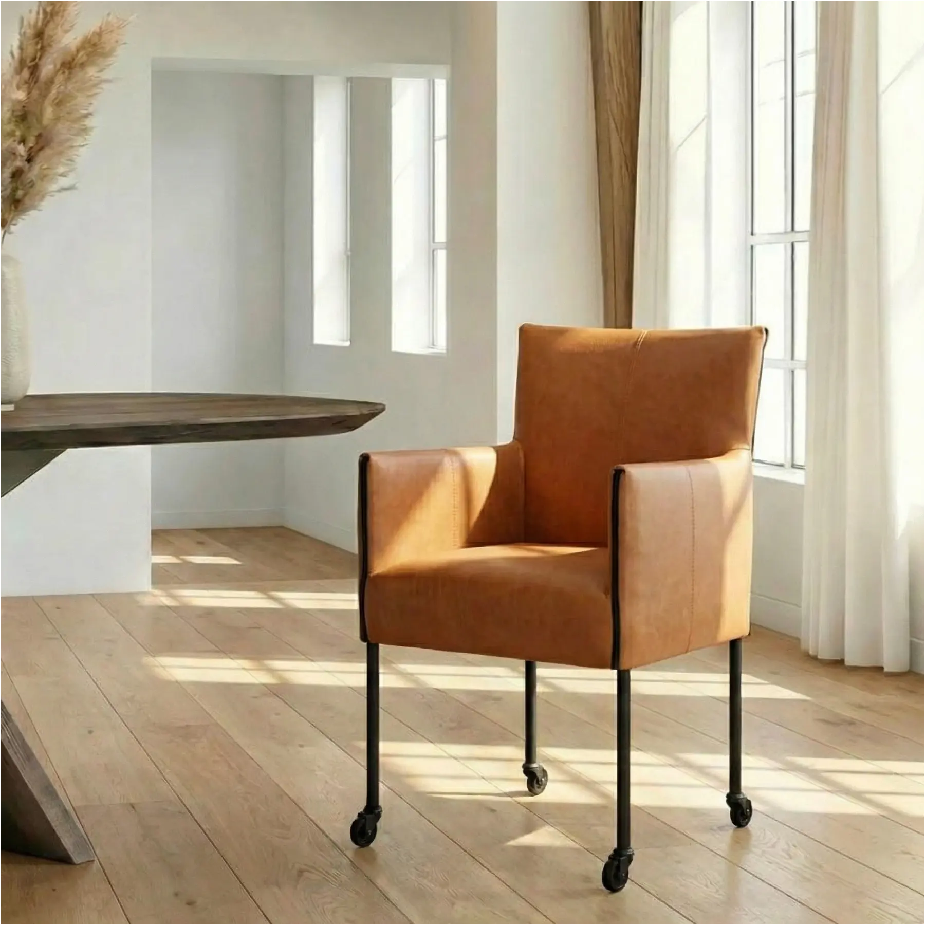 afbeelding van Leren eetkamerstoel More - Vintage Cognac (cognac) - Poten staal rond zwart